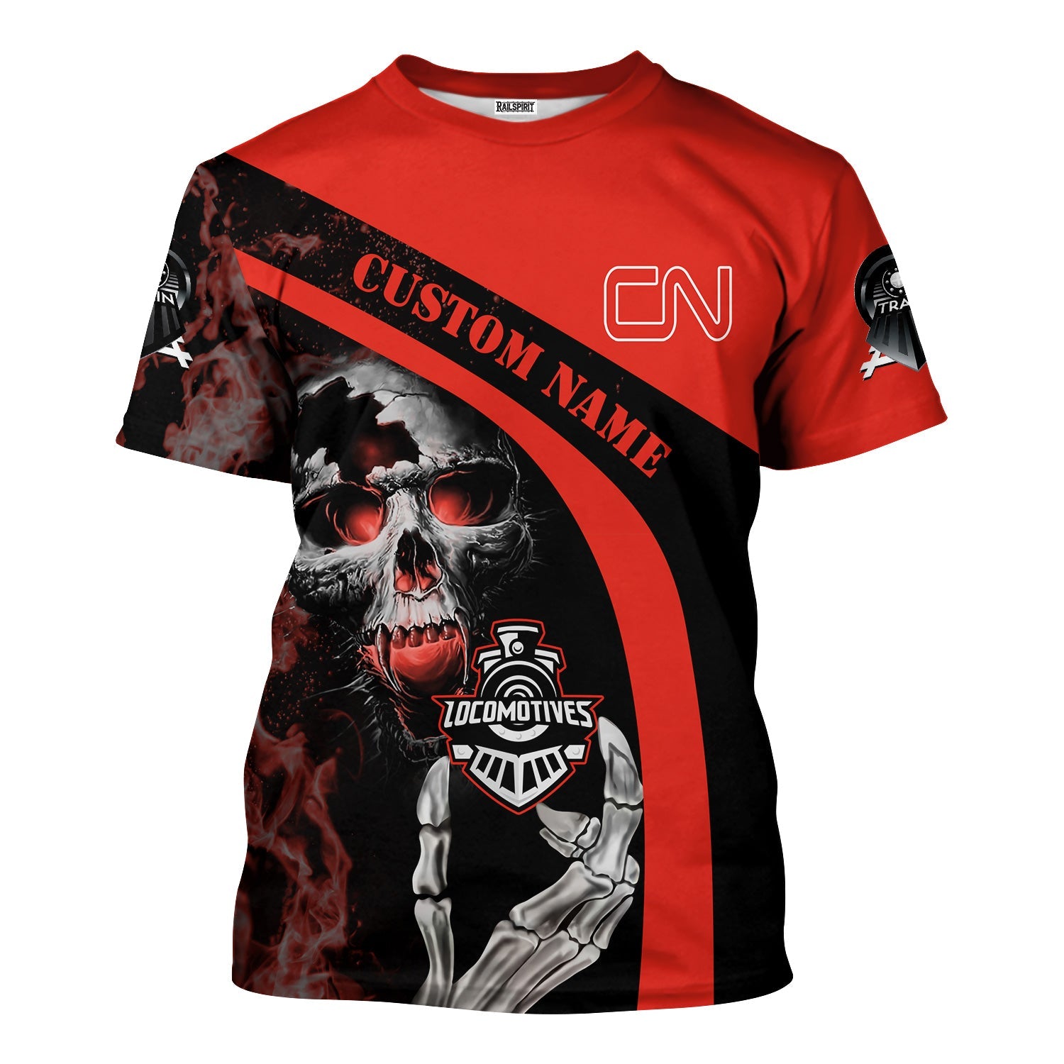 Railspirit Personalized Canadian National Railroad T-Shirt Flame Skull Design Train Shirt for Locomotive Fans