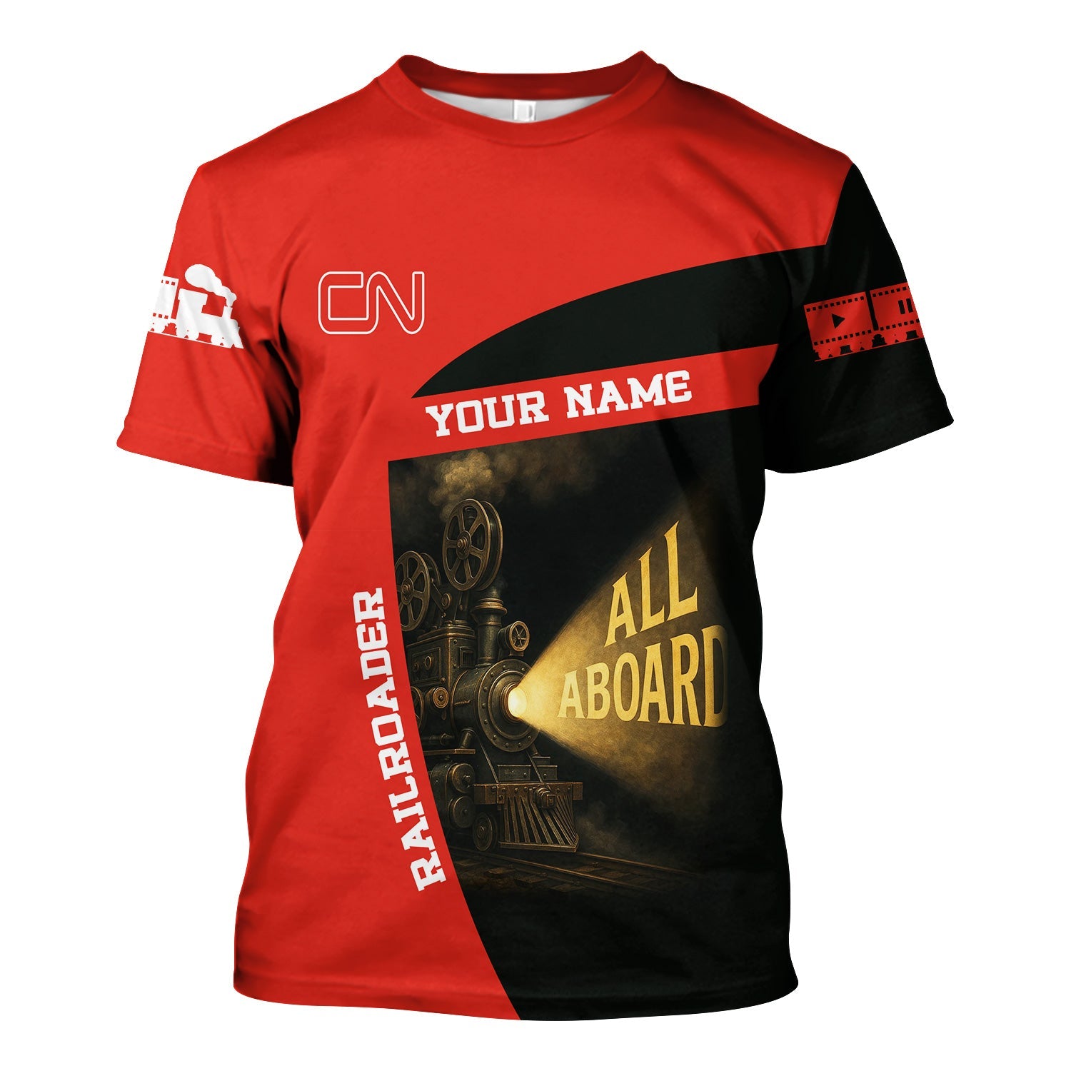 Railspirit Personalized Canadian National Railroad T-Shirt All Aboard Steam Train Movie Projector Style Shirt