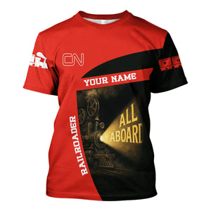 Railspirit Personalized Canadian National Railroad T-Shirt All Aboard Steam Train Movie Projector Style Shirt