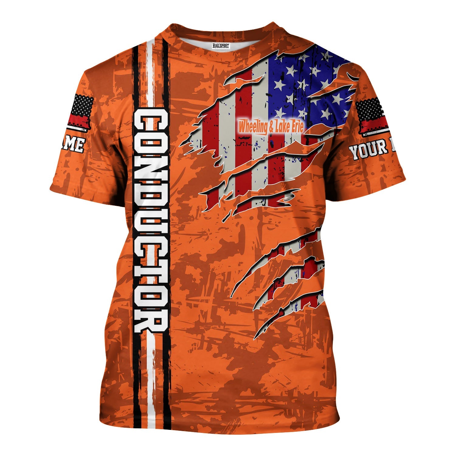 Railspirit Personalized Wheeling And Lake Erie Railroad T-Shirt USA Flag Claw Art with Custom Job Train Shirt