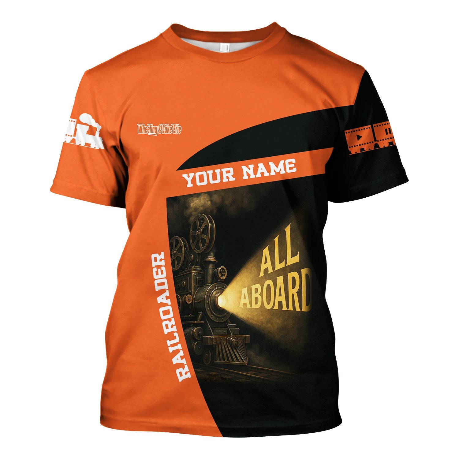 Railspirit Personalized Wheeling And Lake Erie Railroad T-Shirt All Aboard Steam Train Movie Projector Style Shirt