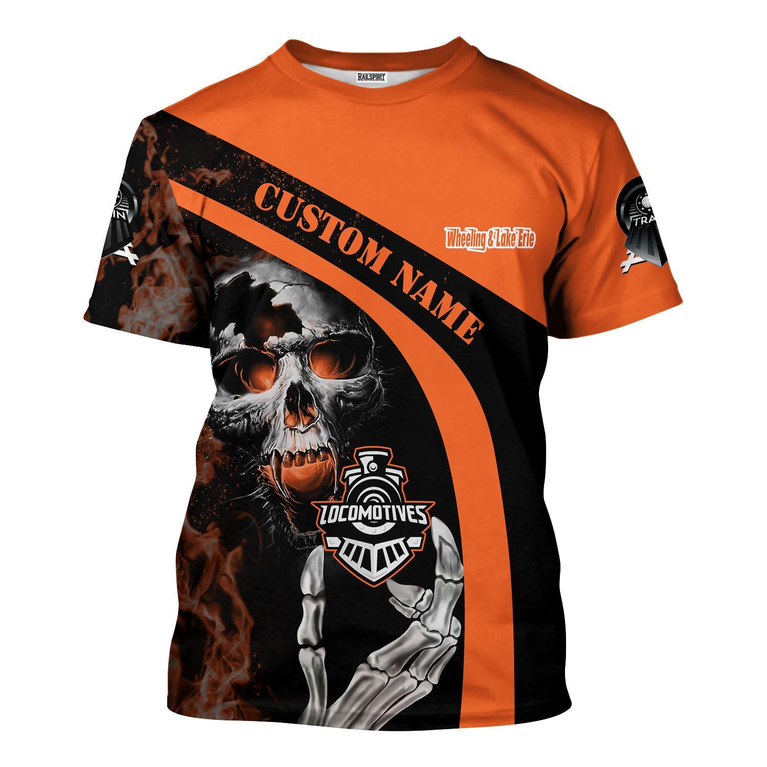 Railspirit Personalized Wheeling And Lake Erie Railroad T-Shirt Flame Skull Design Train Shirt for Locomotive Fans