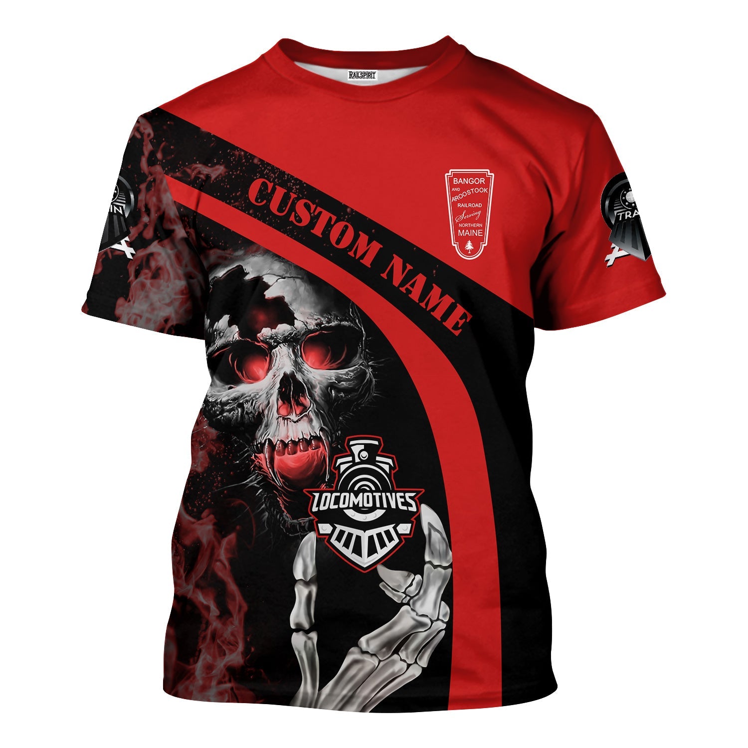 Railspirit Personalized Bangor And Aroostook Railroad T-Shirt Flame Skull Design Train Shirt for Locomotive Fans