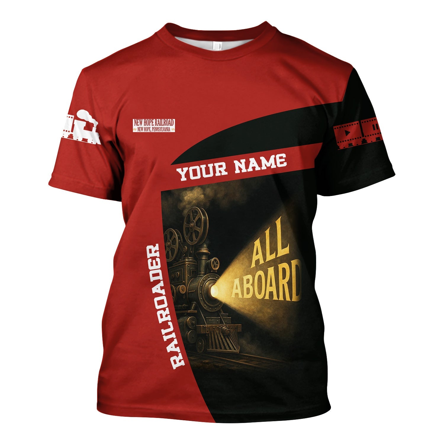 Railspirit Personalized New Hope Railroad T-Shirt All Aboard Steam Train Movie Projector Style Shirt