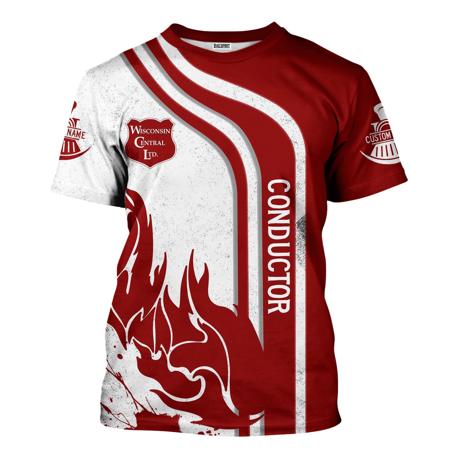 Railspirit Personalized Wisconsin Central Ltd Railroad T-Shirt Flame Design with Custom Job Position Train Shirt