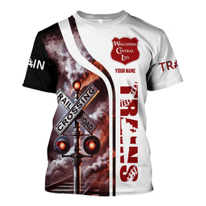 Railspirit Custom Name Wisconsin Central Ltd Railroad T Shirt Railroad Crossing Sign Train Shirt All Over Print