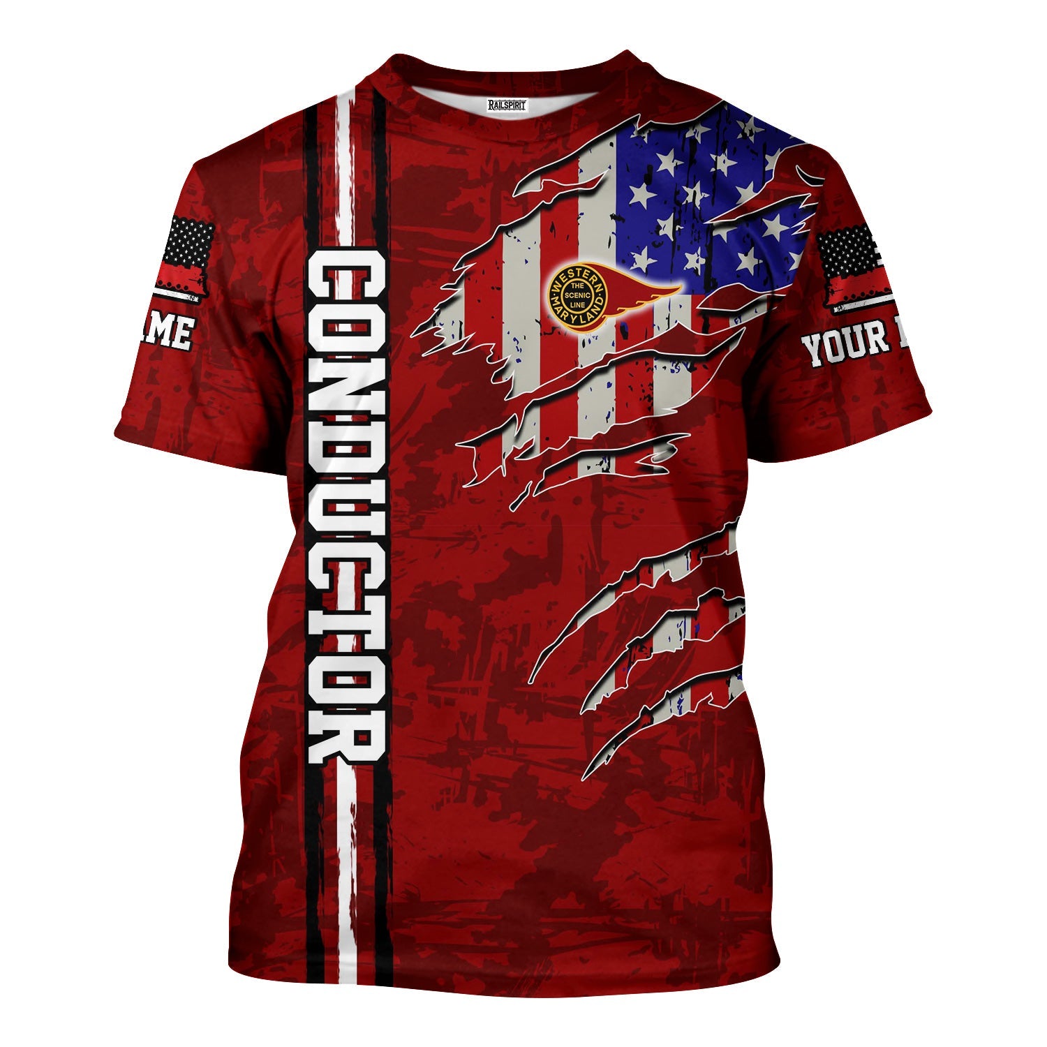 Railspirit Personalized Western Maryland Railway T-Shirt USA Flag Claw Art with Custom Job Train Shirt