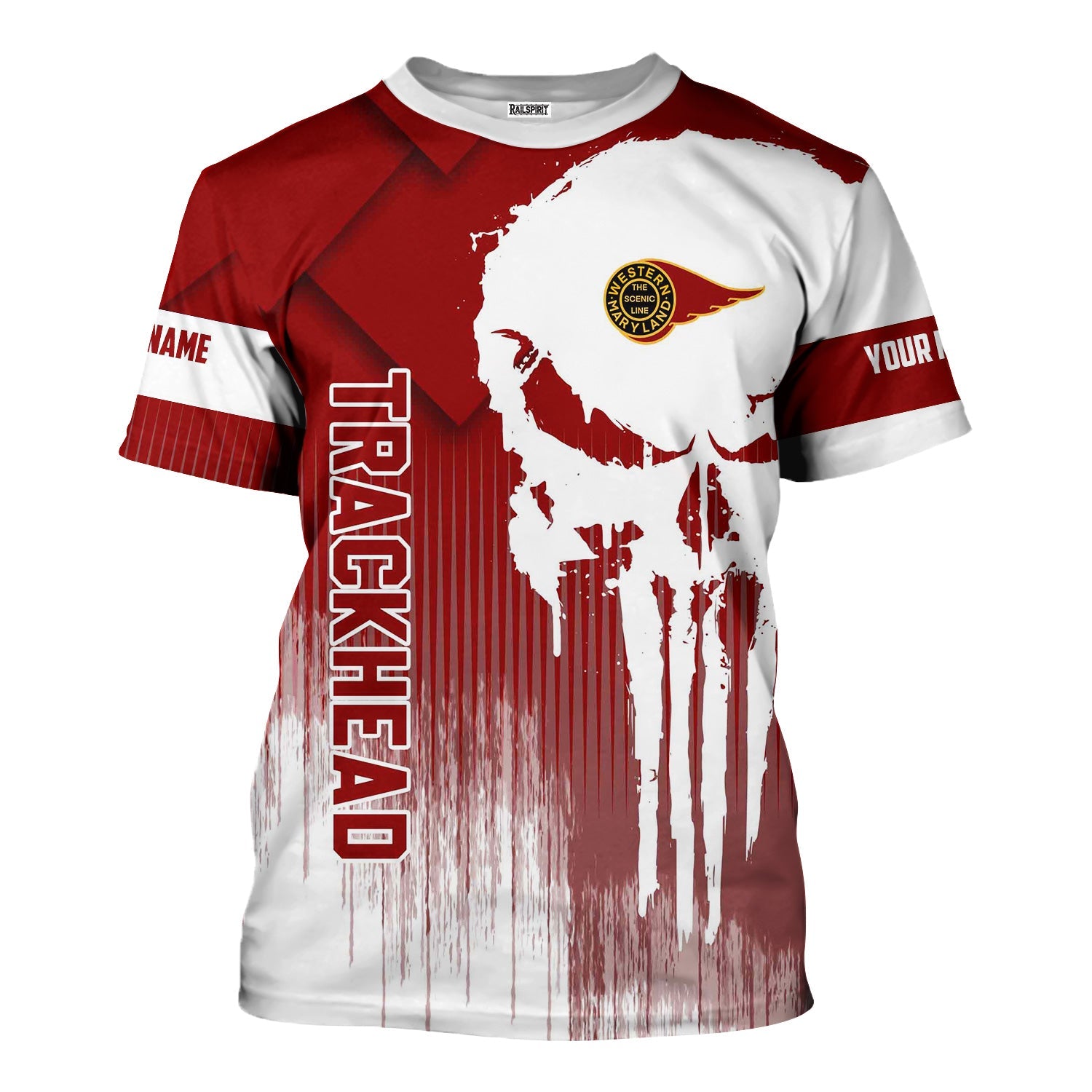 Railspirit Personalized Western Maryland Railway T-Shirt Skull Design with Custom Job Train Shirt for Trackhead Crew