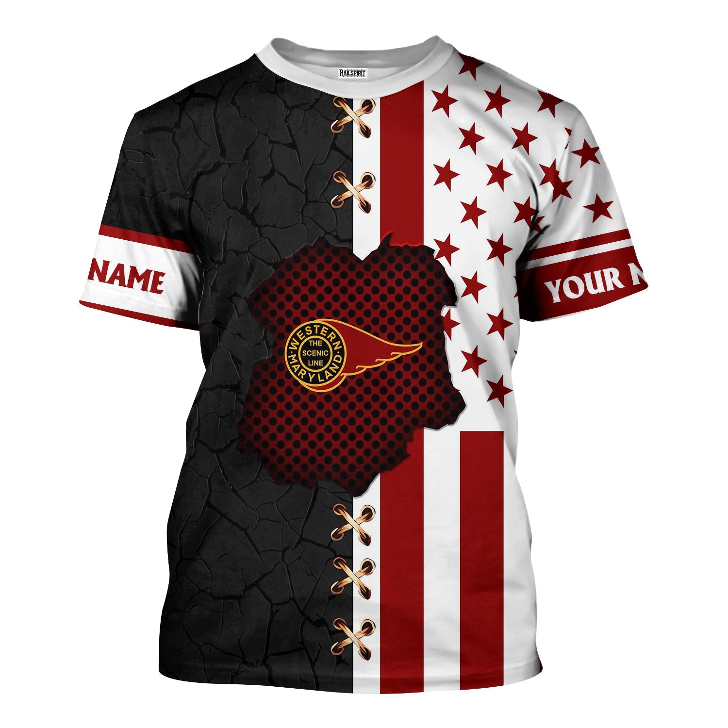 Railspirit Personalized Western Maryland Railway T-Shirt American Flag with Crack Effect Train Shirt
