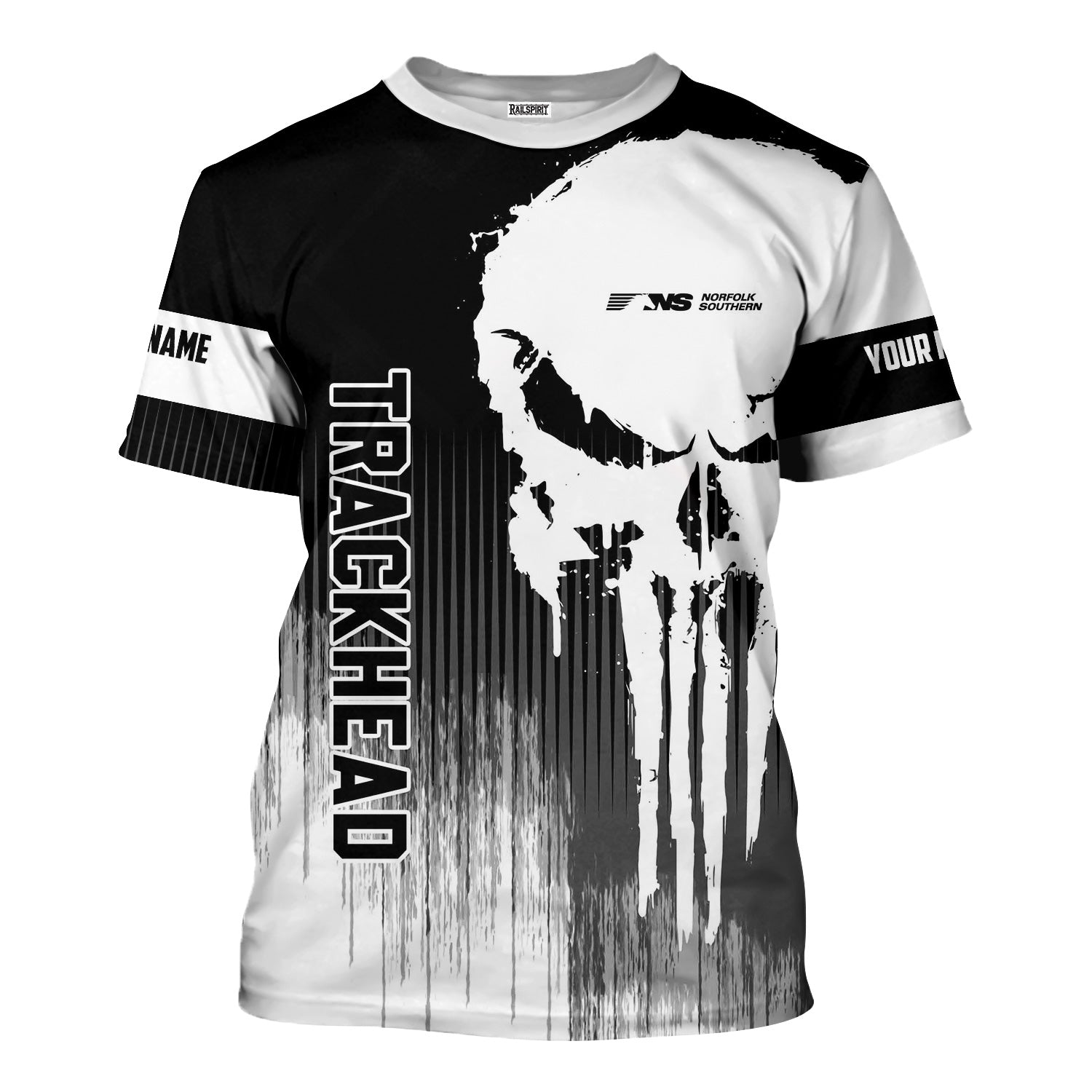 Railspirit Personalized Norfolk Southern Railway T-Shirt Skull Design with Custom Job Train Shirt for Trackhead Crew