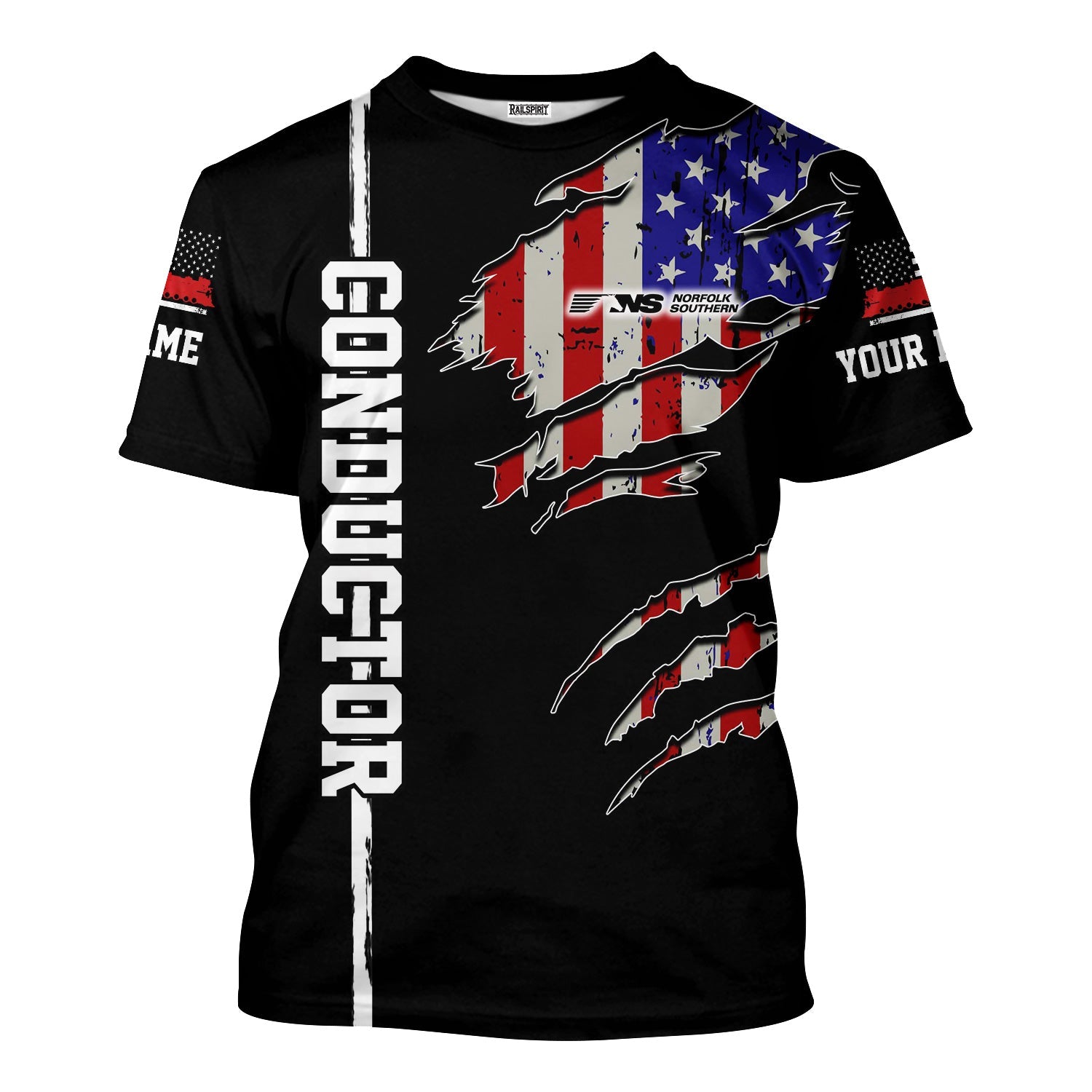 Railspirit Personalized Norfolk Southern Railway T-Shirt USA Flag Claw Art with Custom Job Train Shirt