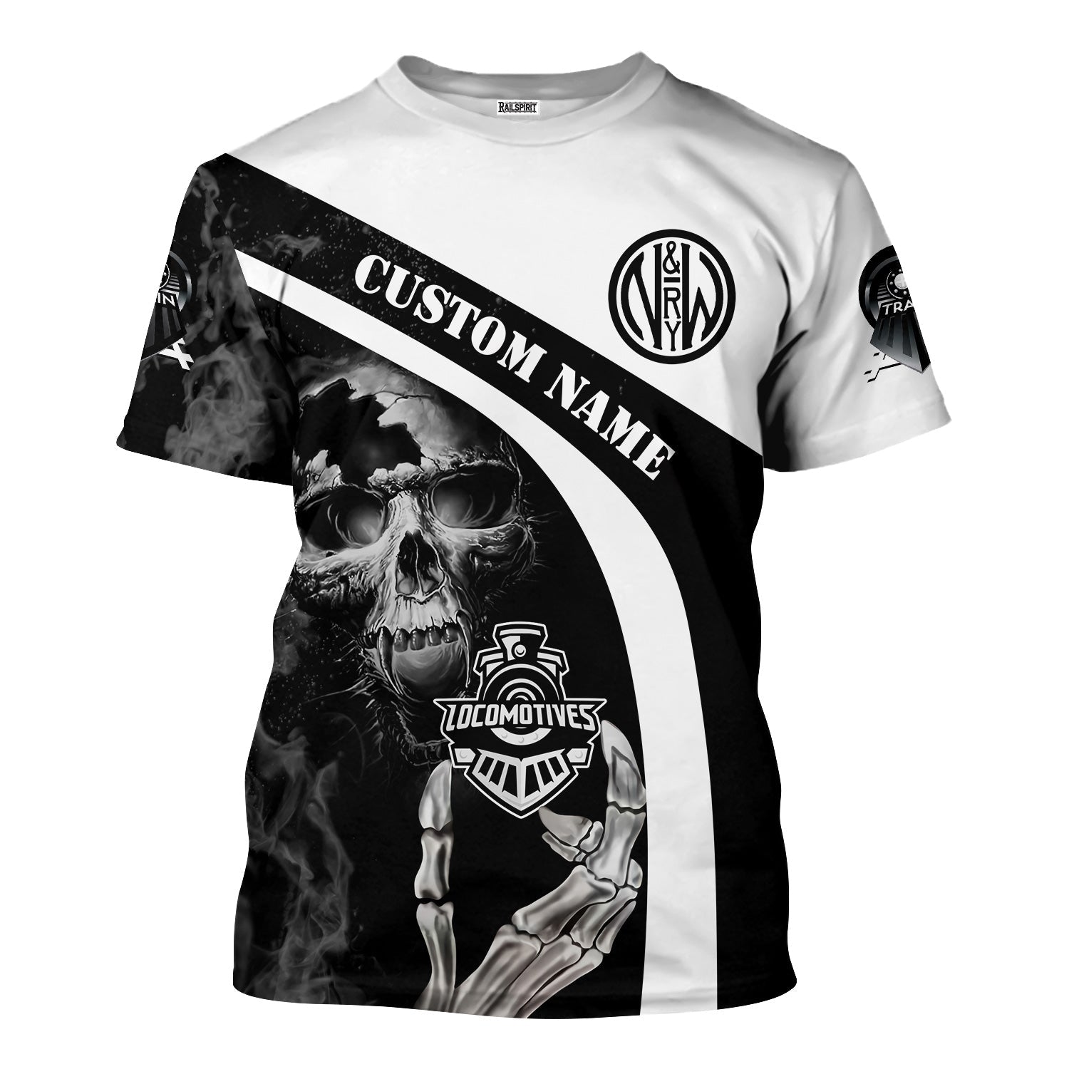 Railspirit Personalized Norfolk and Western Railway T-Shirt Flame Skull Design N&W Train Shirt for Locomotive Fans