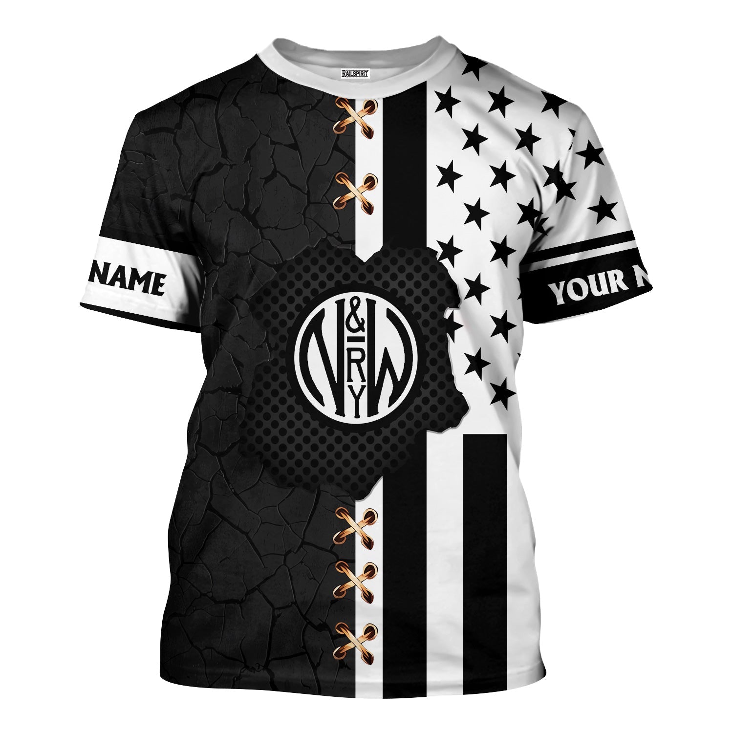 Railspirit Personalized Norfolk and Western Railway T-Shirt American Flag with Crack Effect N&W Train Shirt