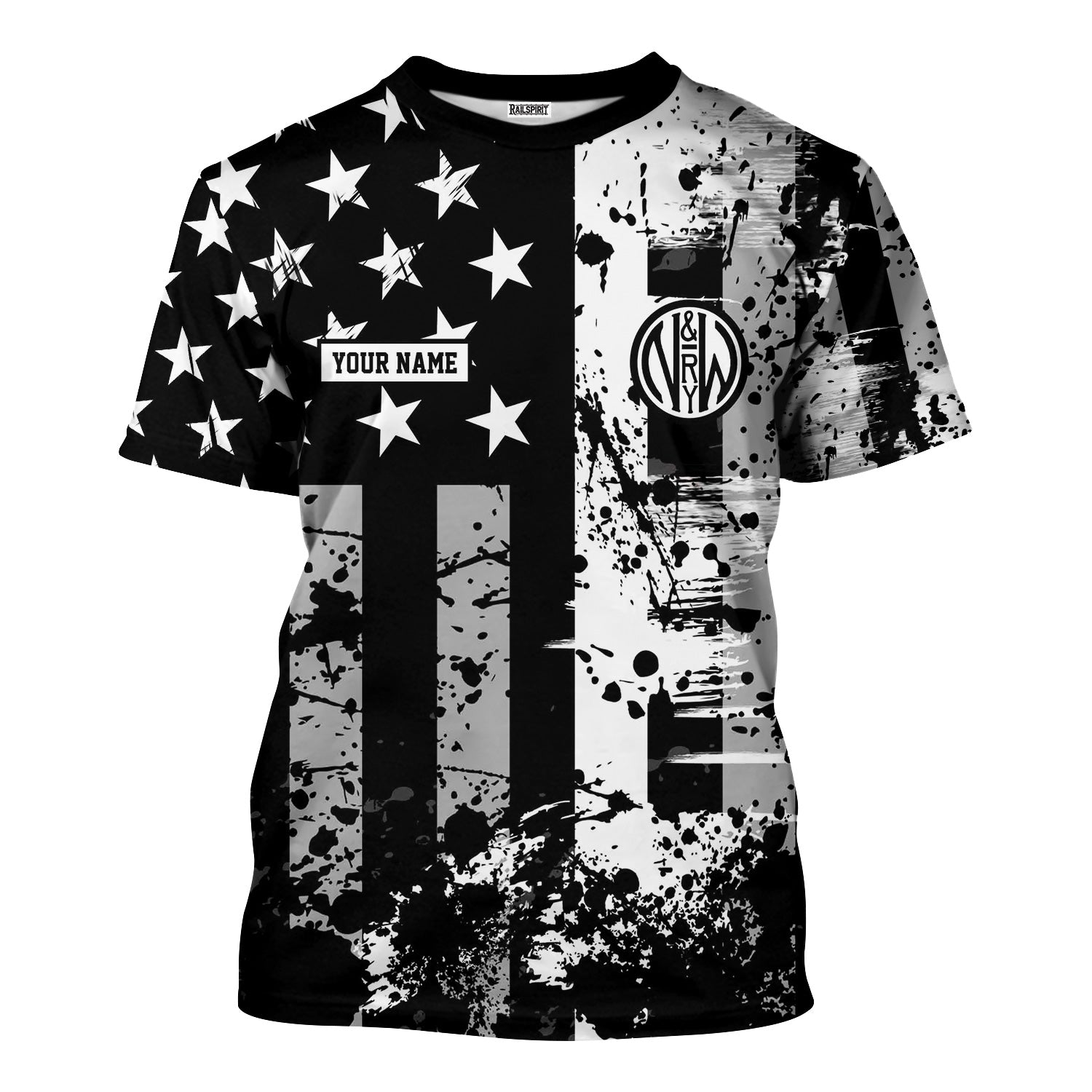 Railspirit Personalized Norfolk and Western Railway T-Shirt Artistic Paint American Flag Style N&W Train Shirt