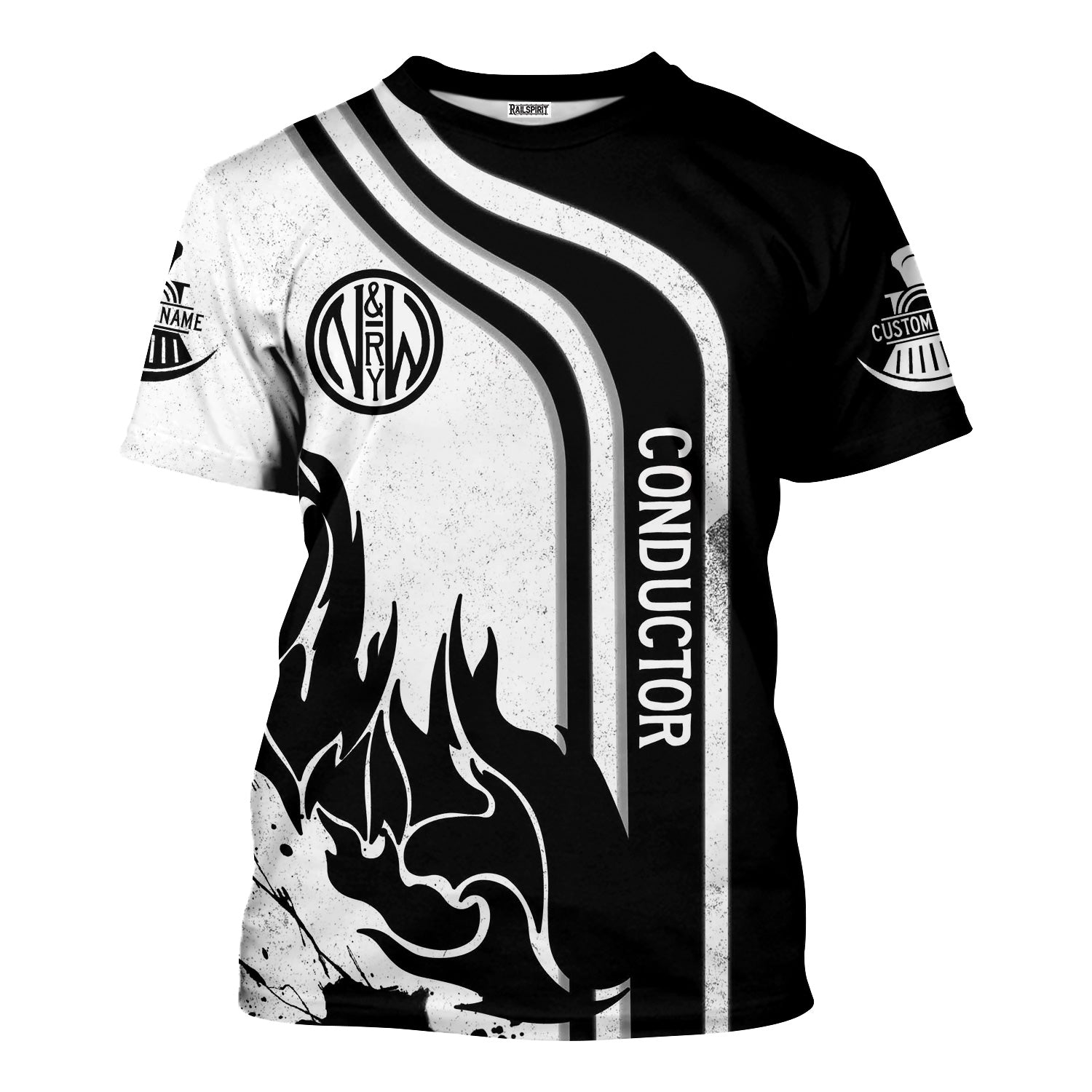 Railspirit Personalized Norfolk and Western Railway T-Shirt Flame Design with Custom Job Position N&W Train Shirt