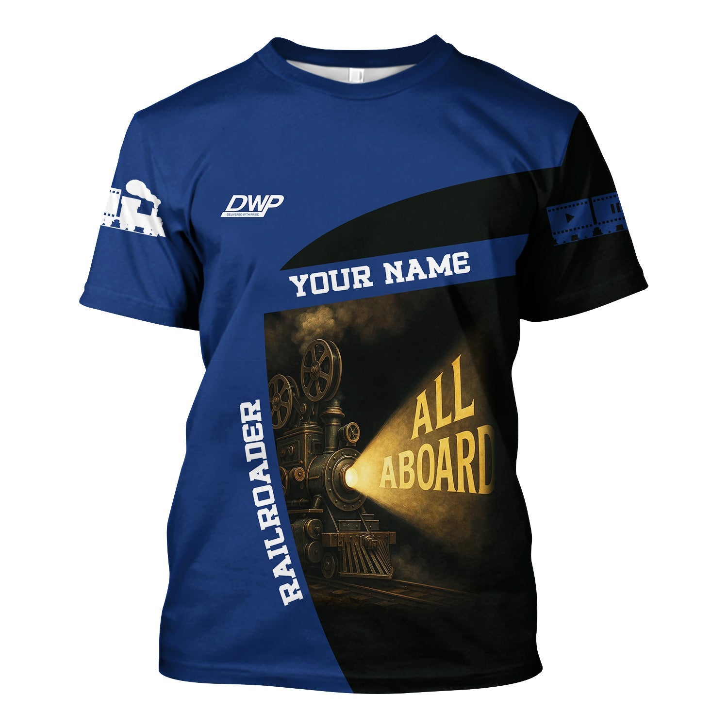 Railspirit Personalized Duluth, Winnipeg and Pacific Railway T-Shirt All Aboard Steam Train Movie Projector Style Shirt