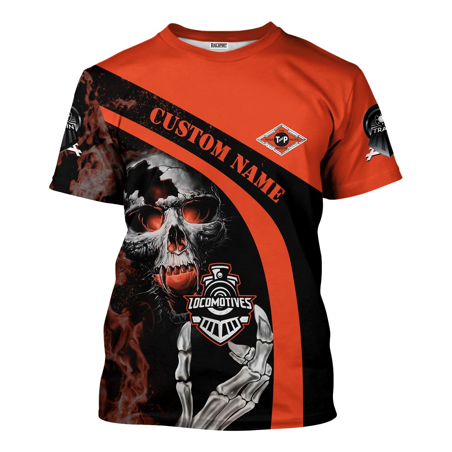 Railspirit Personalized Texas and Pacific Railway T-Shirt Flame Skull Design Train Shirt for Locomotive Fans