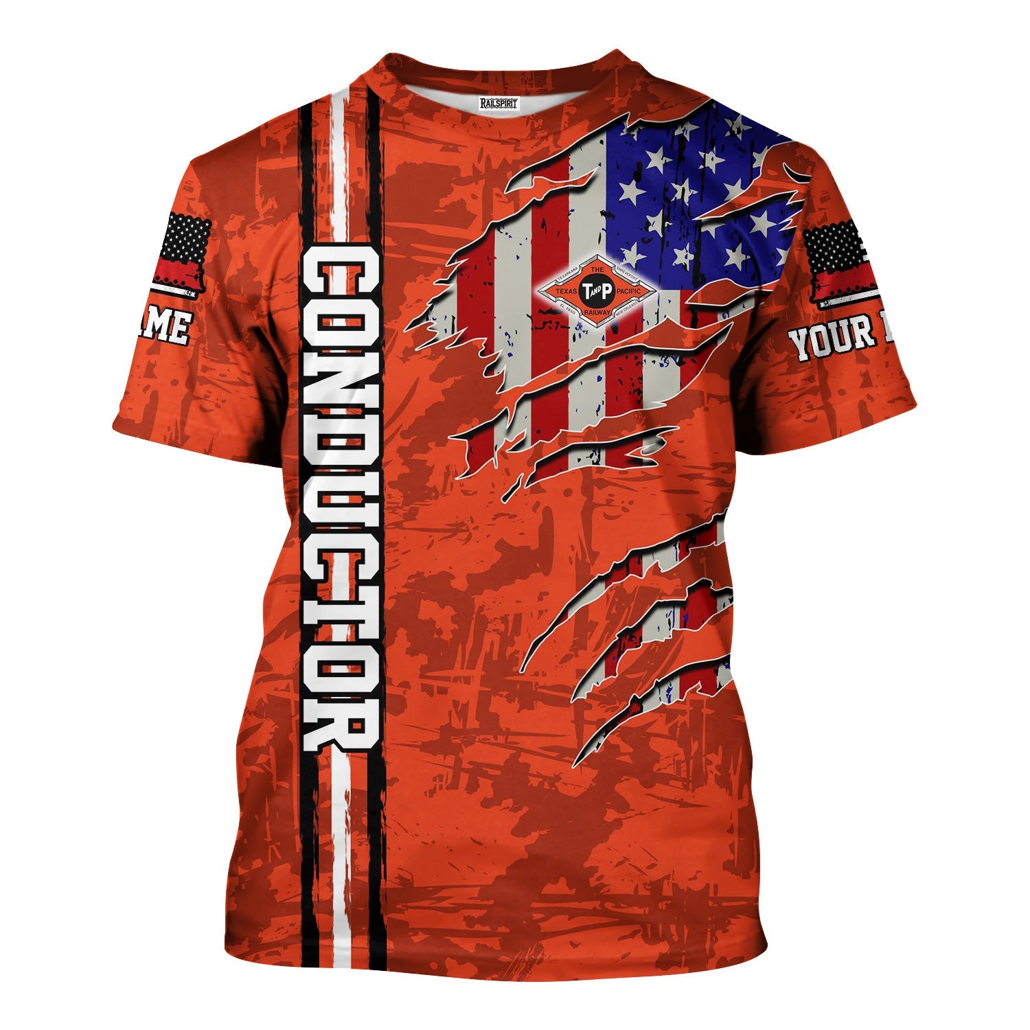 Railspirit Personalized Texas and Pacific Railway T-Shirt USA Flag Claw Art with Custom Job Train Shirt