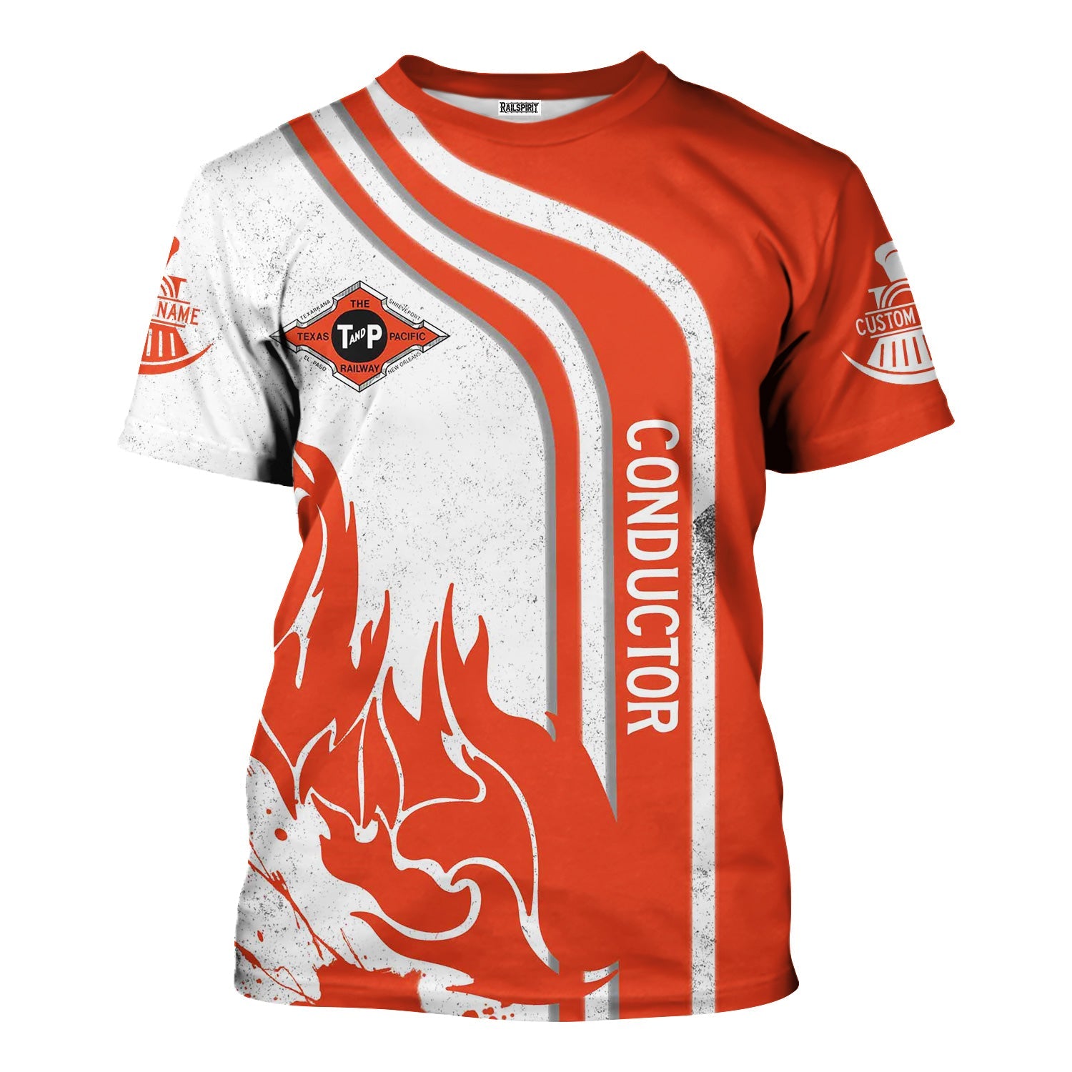 Railspirit Personalized Texas and Pacific Railway T-Shirt Flame Design with Custom Job Position Train Shirt