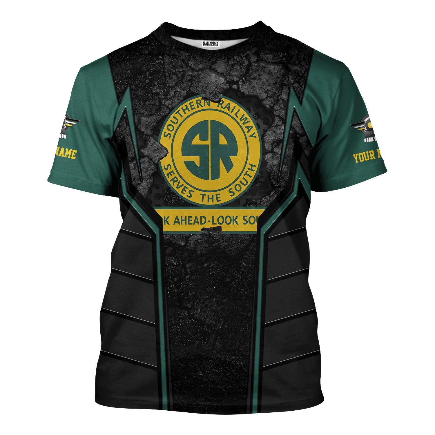 Railspirit Personalized Southern Railway U.S T-Shirt Cracked Metal Design SOU Train Shirt for Rail Enthusiasts