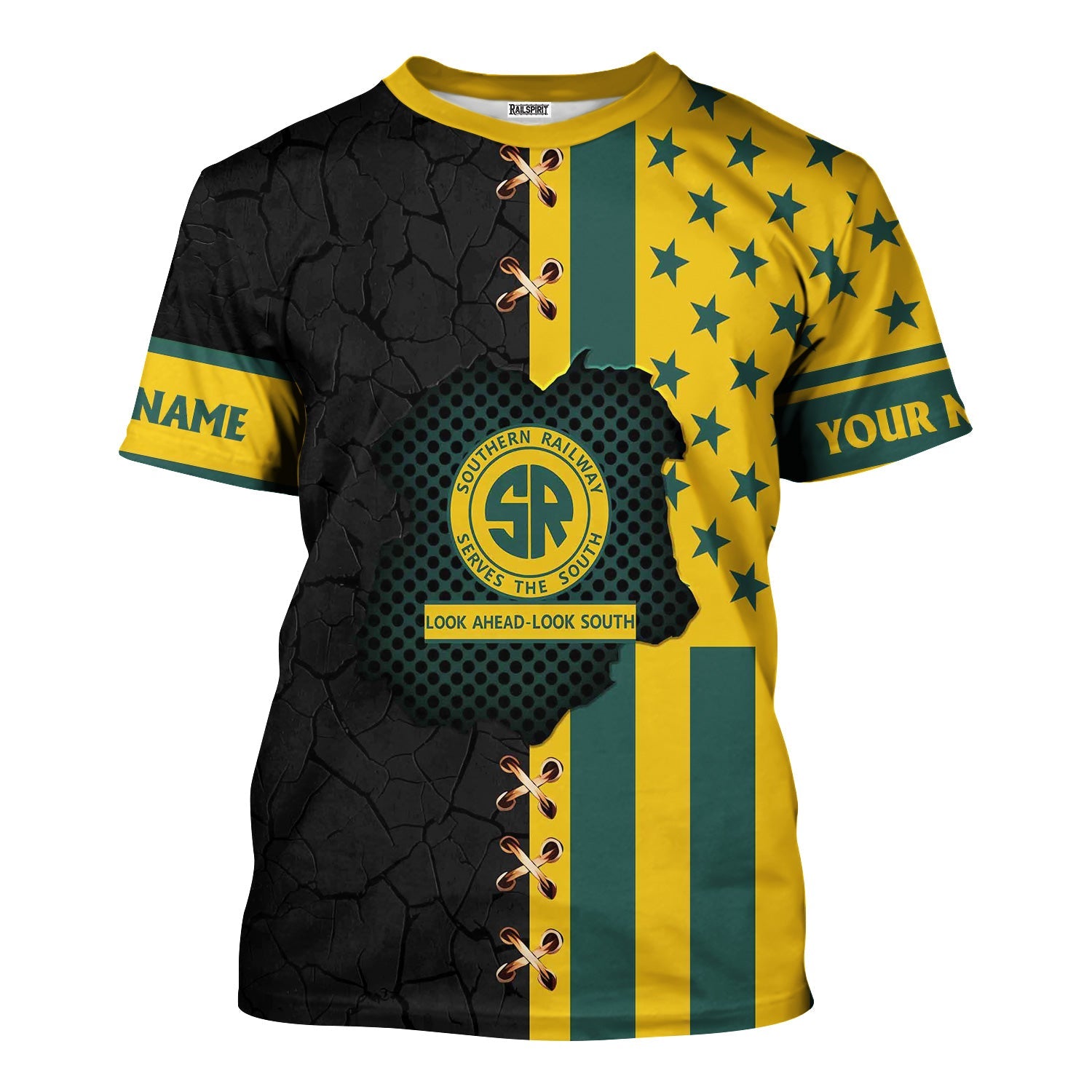 Railspirit Personalized Southern Railway U.S T-Shirt American Flag with Crack Effect SOU Train Shirt
