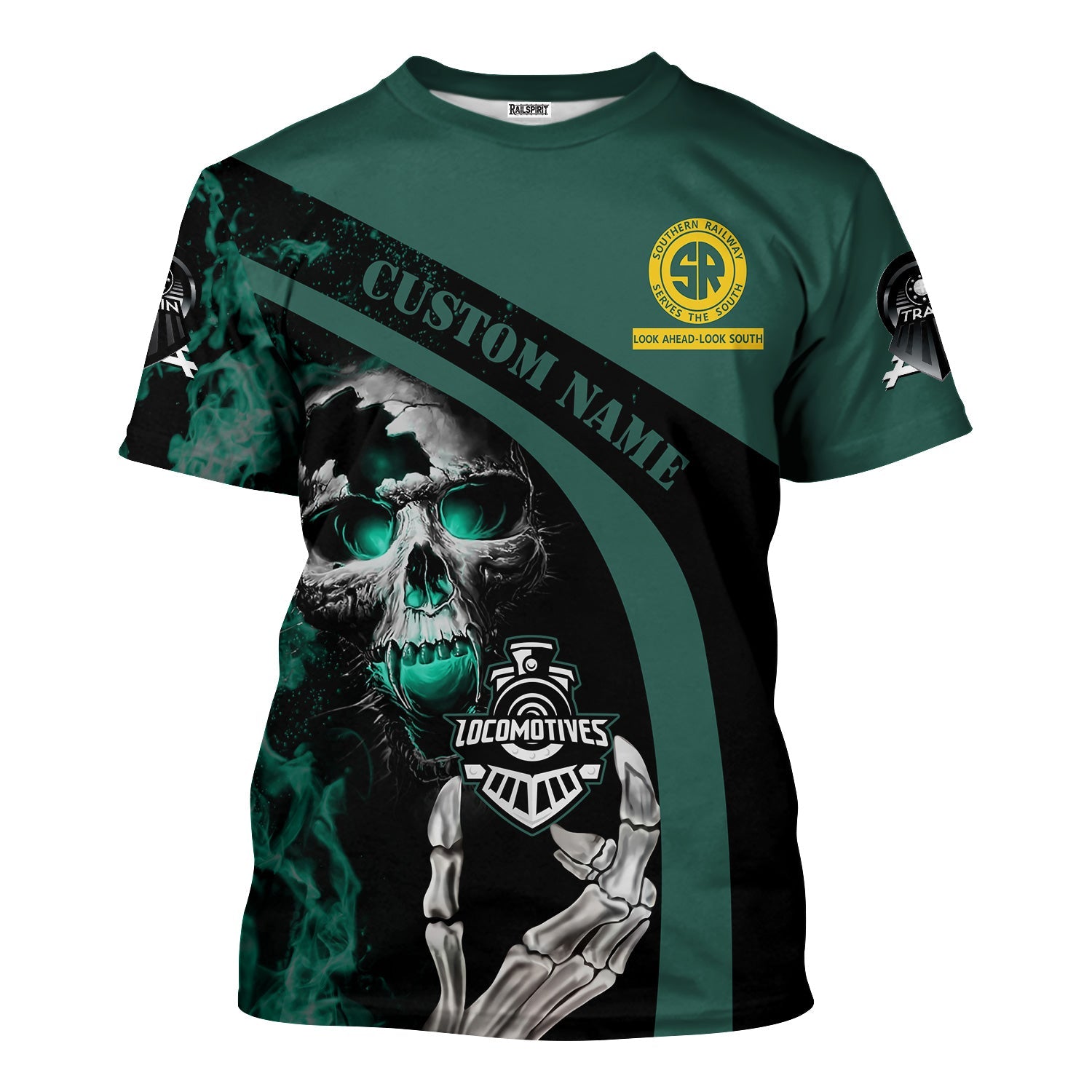 Railspirit Personalized Southern Railway U.S T-Shirt Flame Skull Design SOU Train Shirt for Locomotive Fans