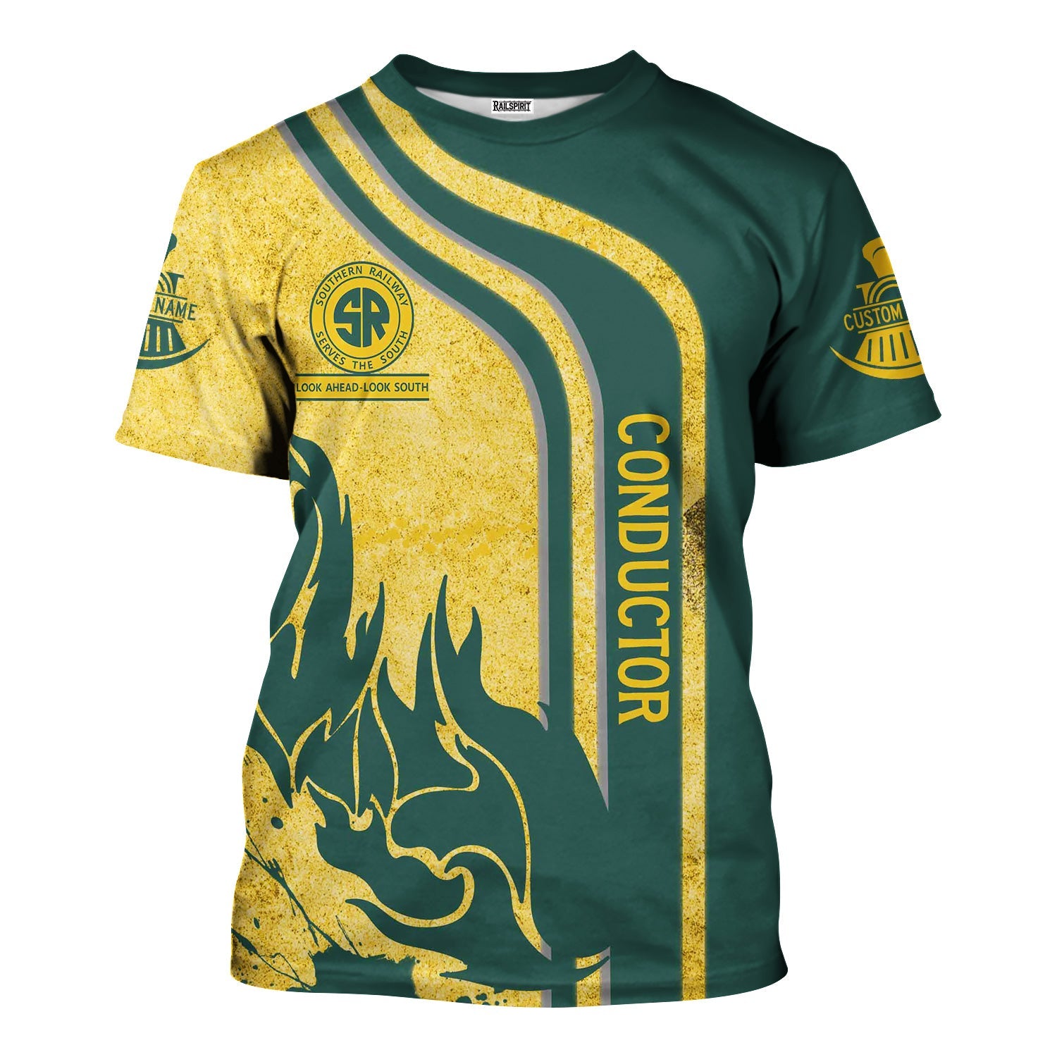 Railspirit Personalized Southern Railway U.S T-Shirt Flame Design with Custom Job Position SOU Train Shirt