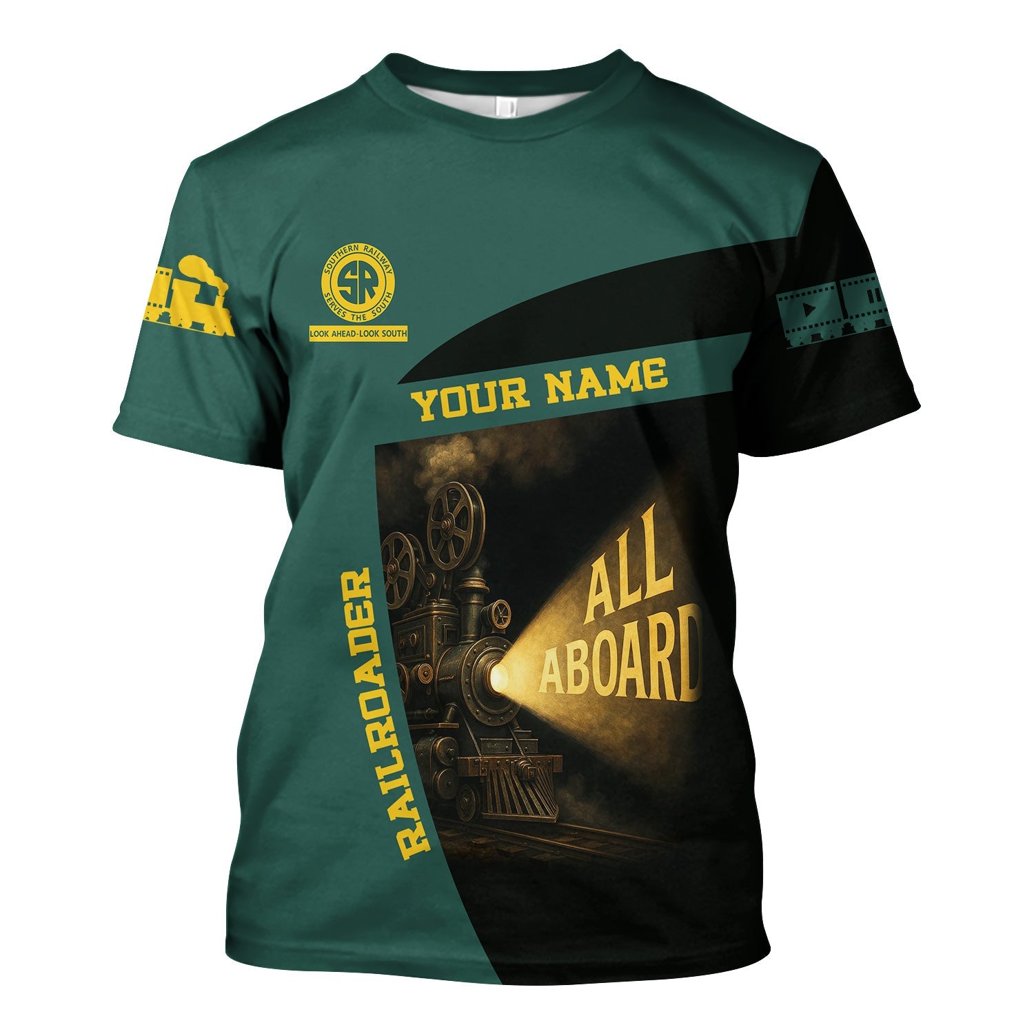 Railspirit Personalized Southern Railway U.S T-Shirt All Aboard Steam Train Movie Projector Style SOU Shirt