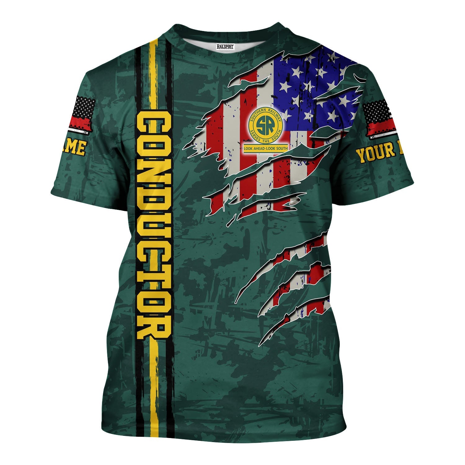 Railspirit Personalized Southern Railway U.S T-Shirt USA Flag Claw Art with Custom Job SOU Train Shirt