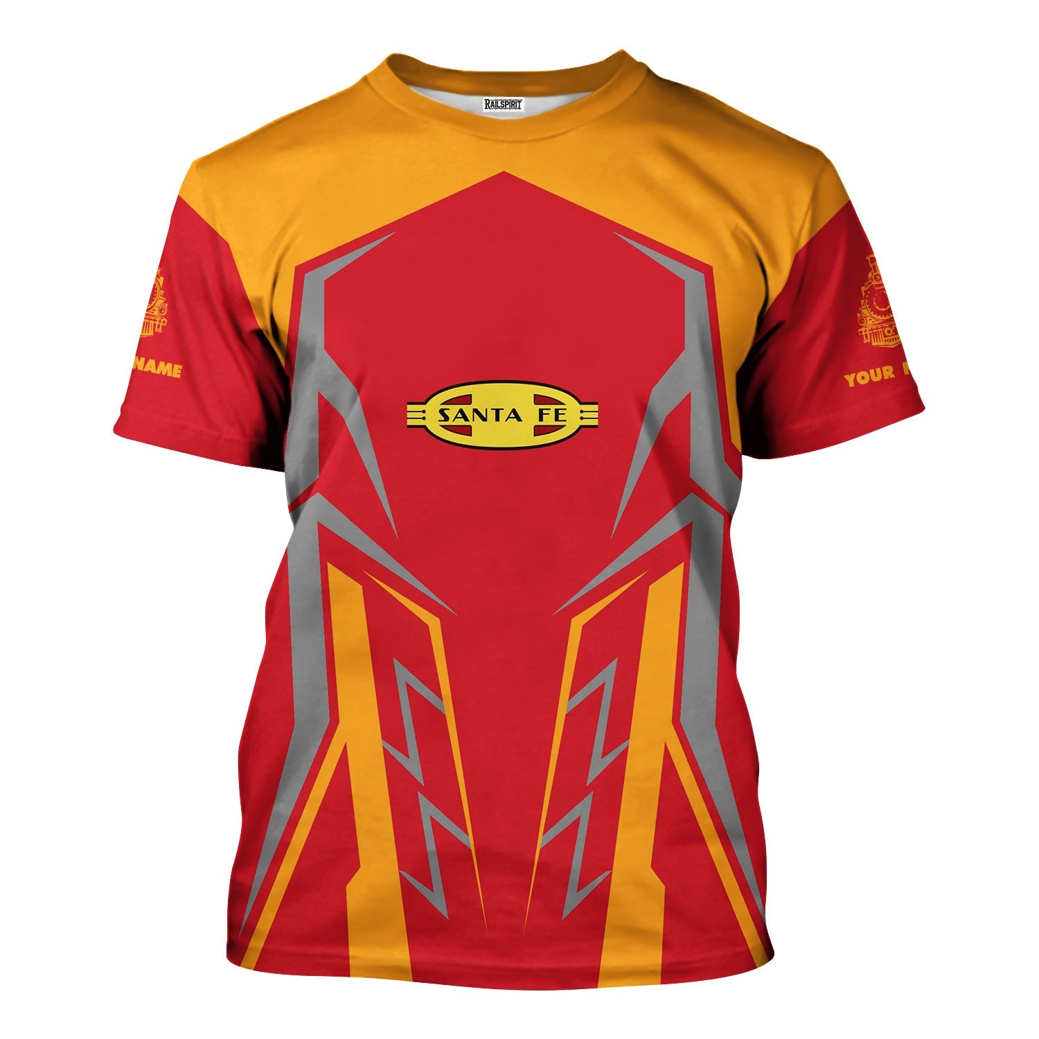 Railspirit Personalized Santa Fe ATSF Railway T-Shirt Futuristic Design with Custom Job Atchison, Topeka and Santa Fe Train Shirt