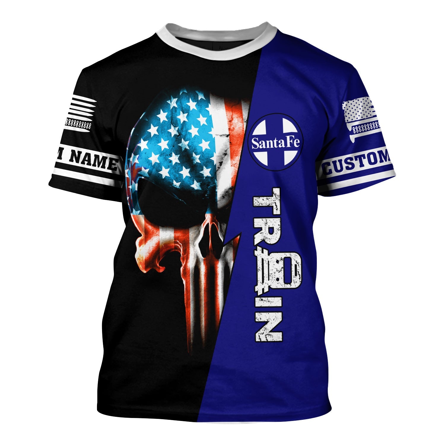Railspirit Personalized Santa Fe Railway T-Shirt Train Skull American Flag Atchison, Topeka and Santa Fe Railway Shirt All Over Print