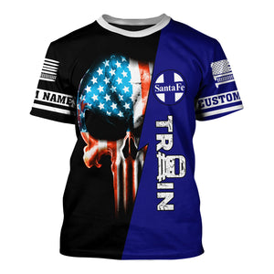 Railspirit Personalized Santa Fe Railway T-Shirt Train Skull American Flag Atchison, Topeka and Santa Fe Railway Shirt All Over Print