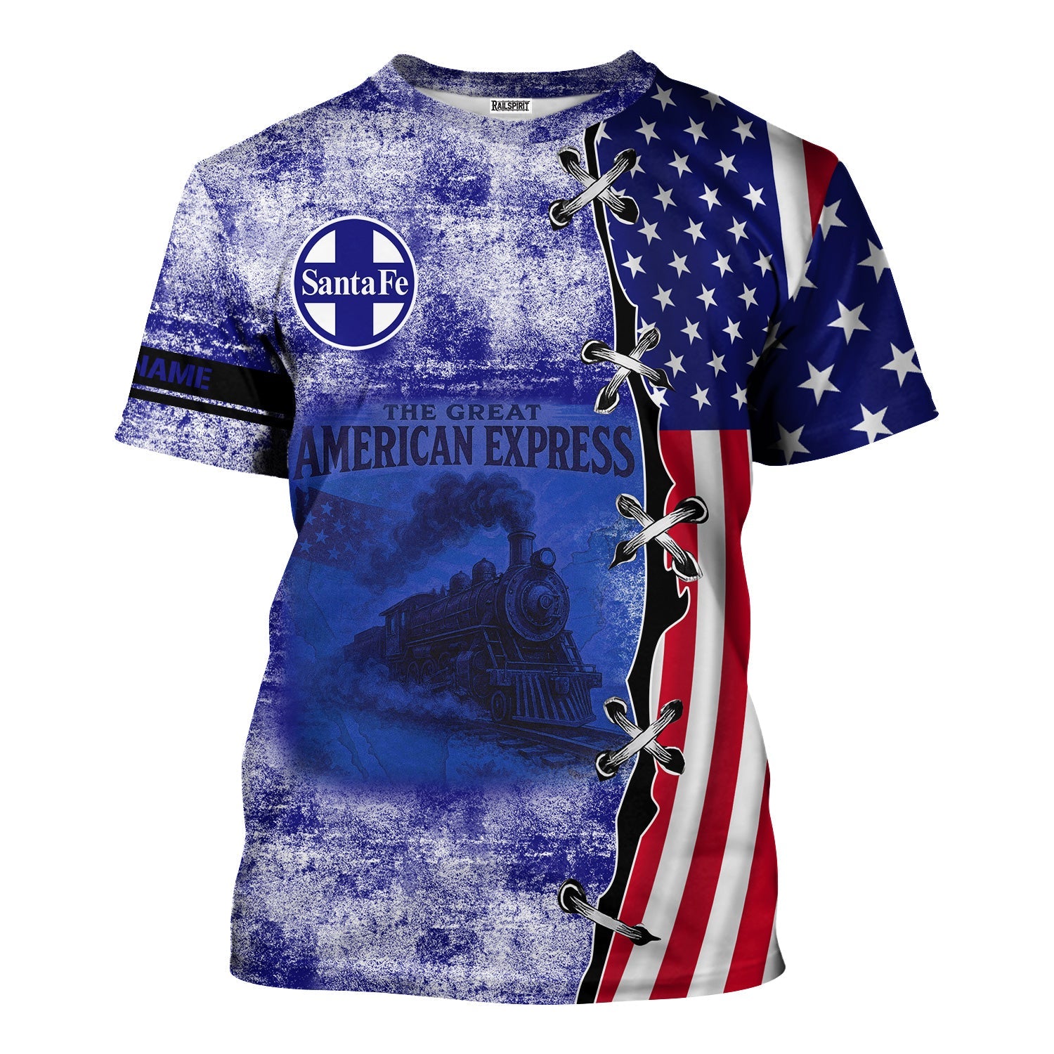 Railspirit Personalized Santa Fe Railway T-Shirt Retro American Express Train With USA Flag Atchison, Topeka and Santa Fe Railway Shirt