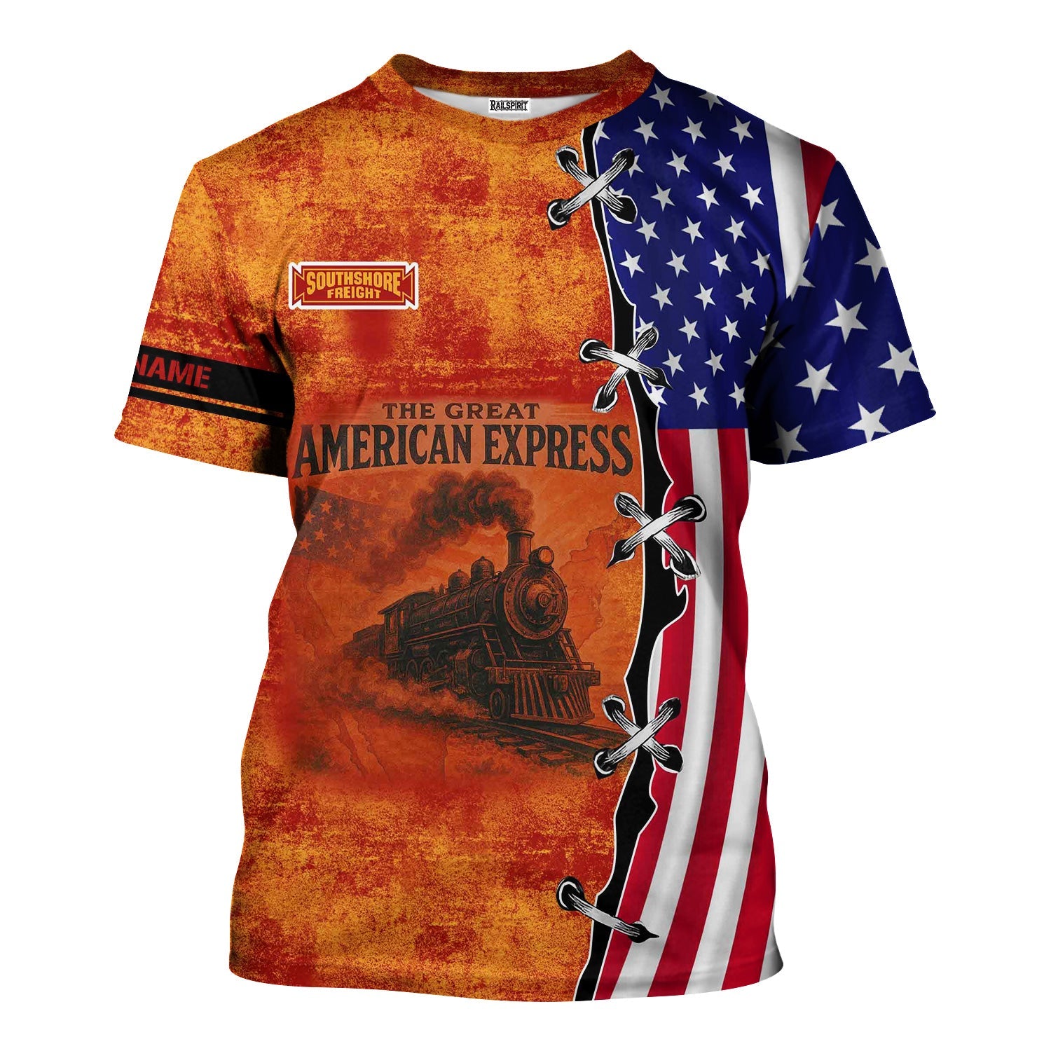 Railspirit Personalized Chicago South Shore and South Bend Railroad T-Shirt Retro American Express Train With USA Flag Shirt