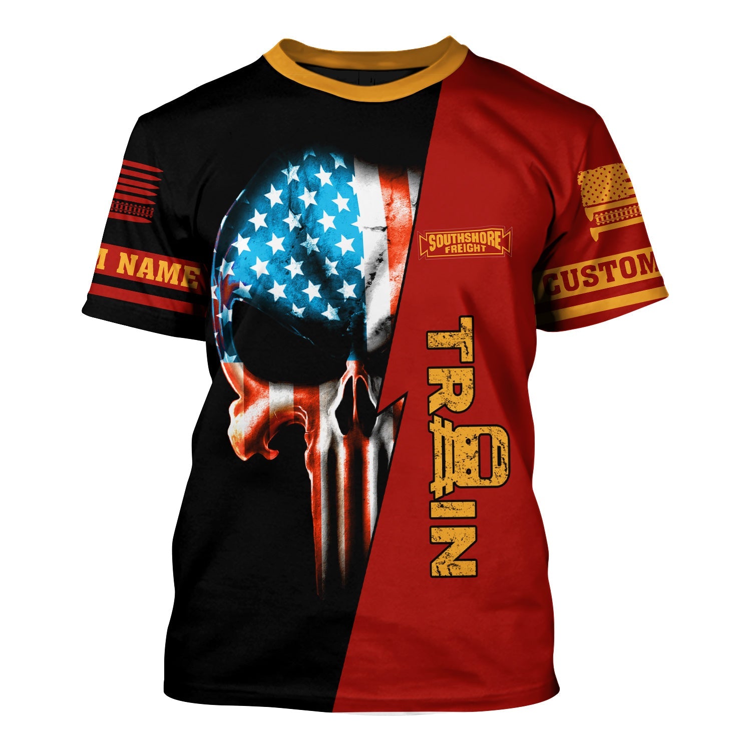 Railspirit Personalized Chicago South Shore and South Bend Railroad T-Shirt Train Skull American Flag Shirt All Over Print