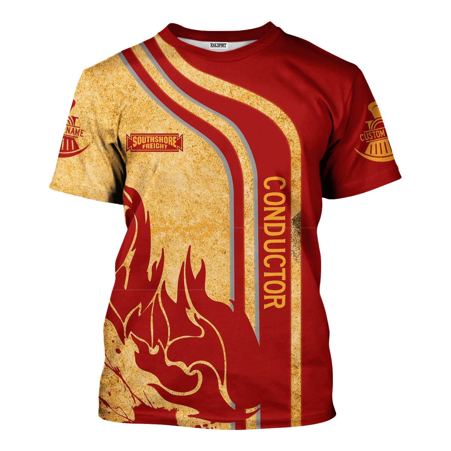 Railspirit Personalized Chicago South Shore and South Bend Railroad T-Shirt Flame Design with Custom Job Position Train Shirt