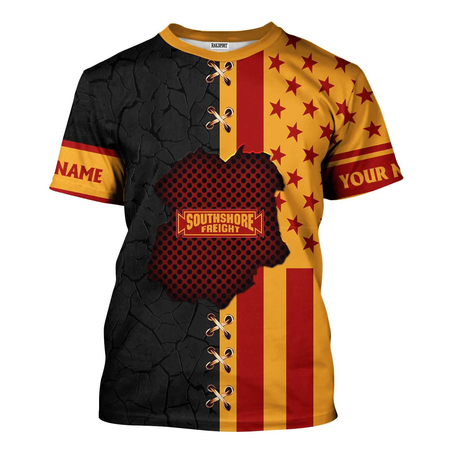 Railspirit Personalized Chicago South Shore and South Bend Railroad T-Shirt American Flag with Crack Effect Train Shirt