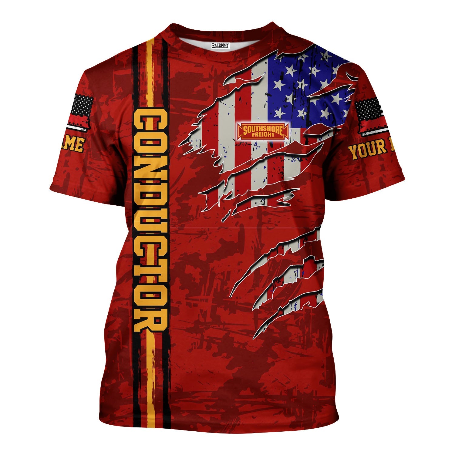 Railspirit Personalized Chicago South Shore and South Bend Railroad T-Shirt USA Flag Claw Art with Custom Job Train Shirt