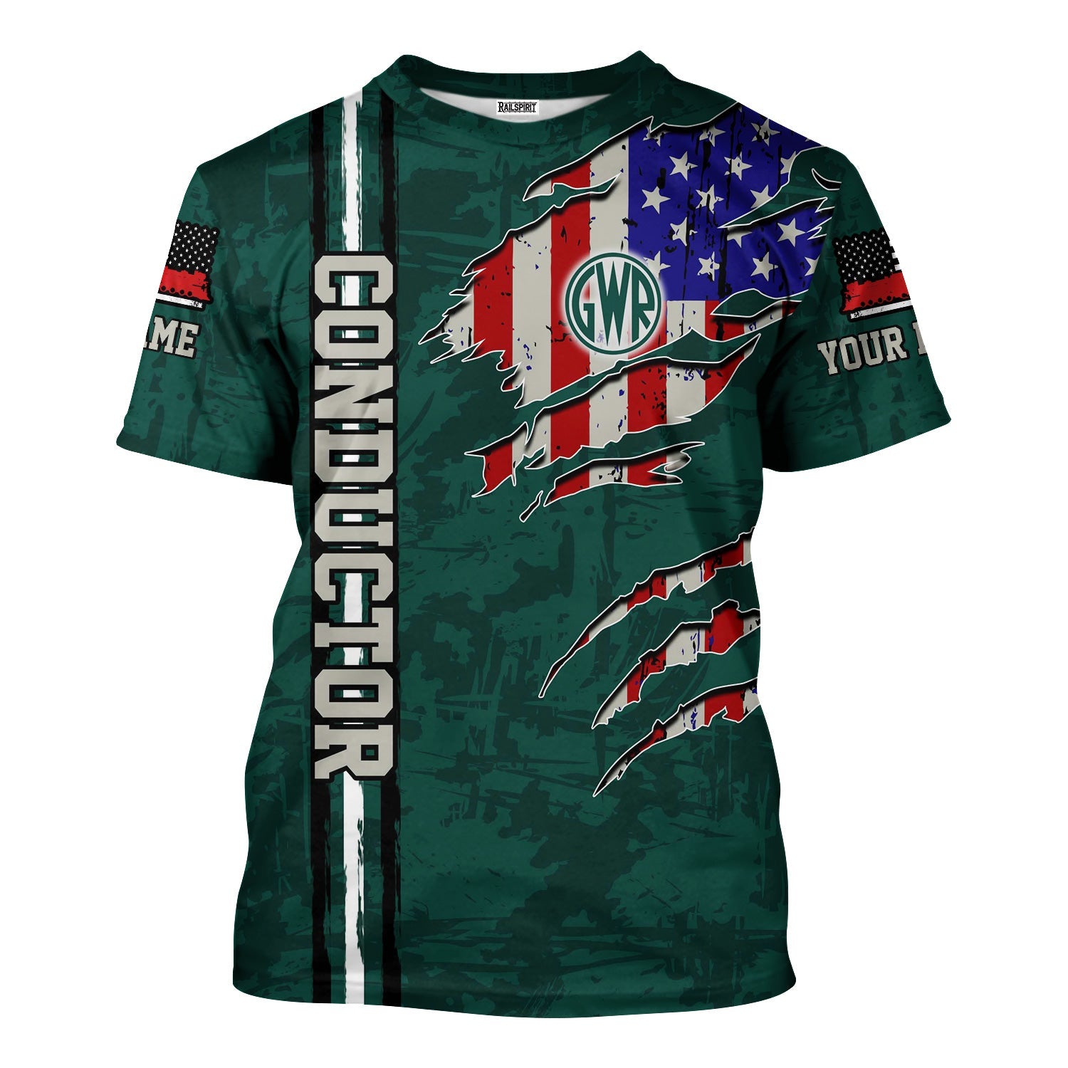 Railspirit Personalized Great Western Railway T-Shirt USA Flag Claw Art with Custom Job Train Shirt