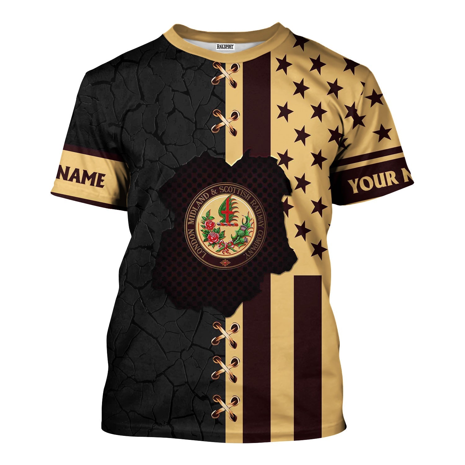 Railspirit Personalized London, Midland and Scottish Railway T-Shirt American Flag with Crack Effect Train Shirt
