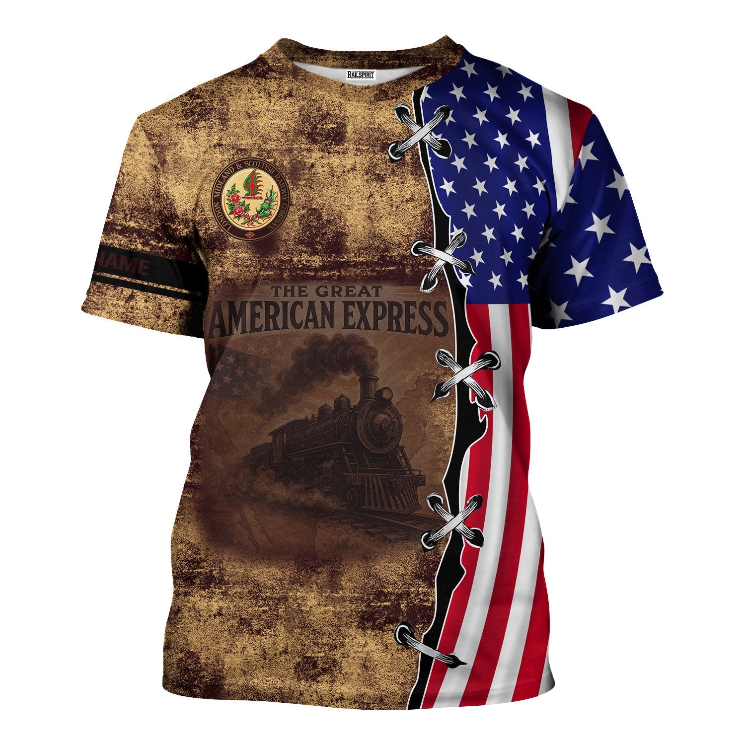 Railspirit Personalized London, Midland and Scottish Railway T-Shirt Retro American Express Train With USA Flag Shirt