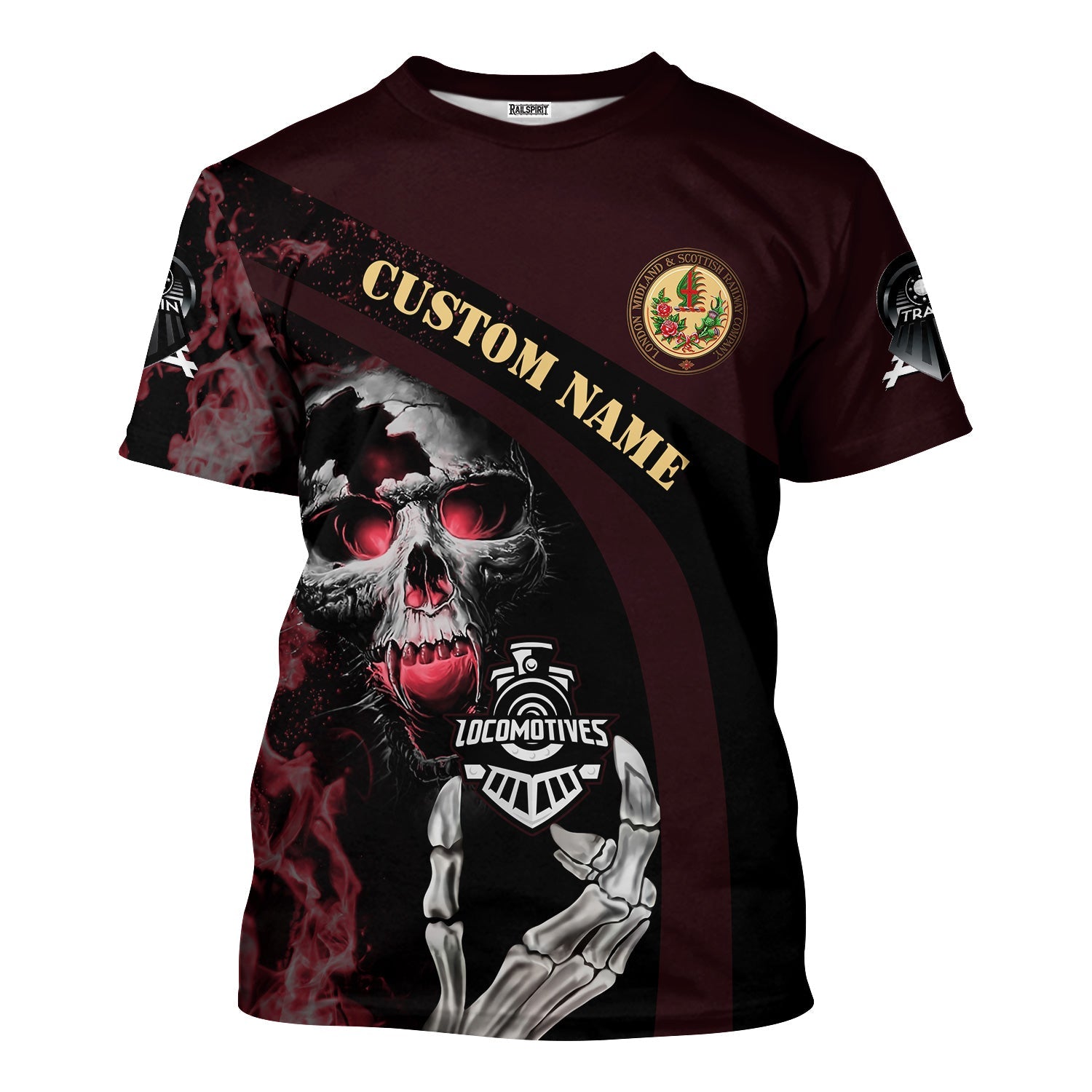 Railspirit Personalized London, Midland and Scottish Railway T-Shirt Flame Skull Design Train Shirt for Locomotive Fans