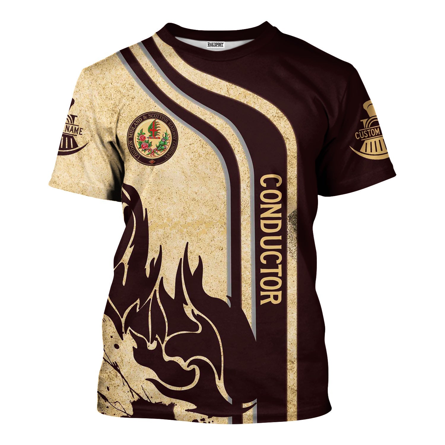 Railspirit Personalized London, Midland and Scottish Railway T-Shirt Flame Design with Custom Job Position Train Shirt