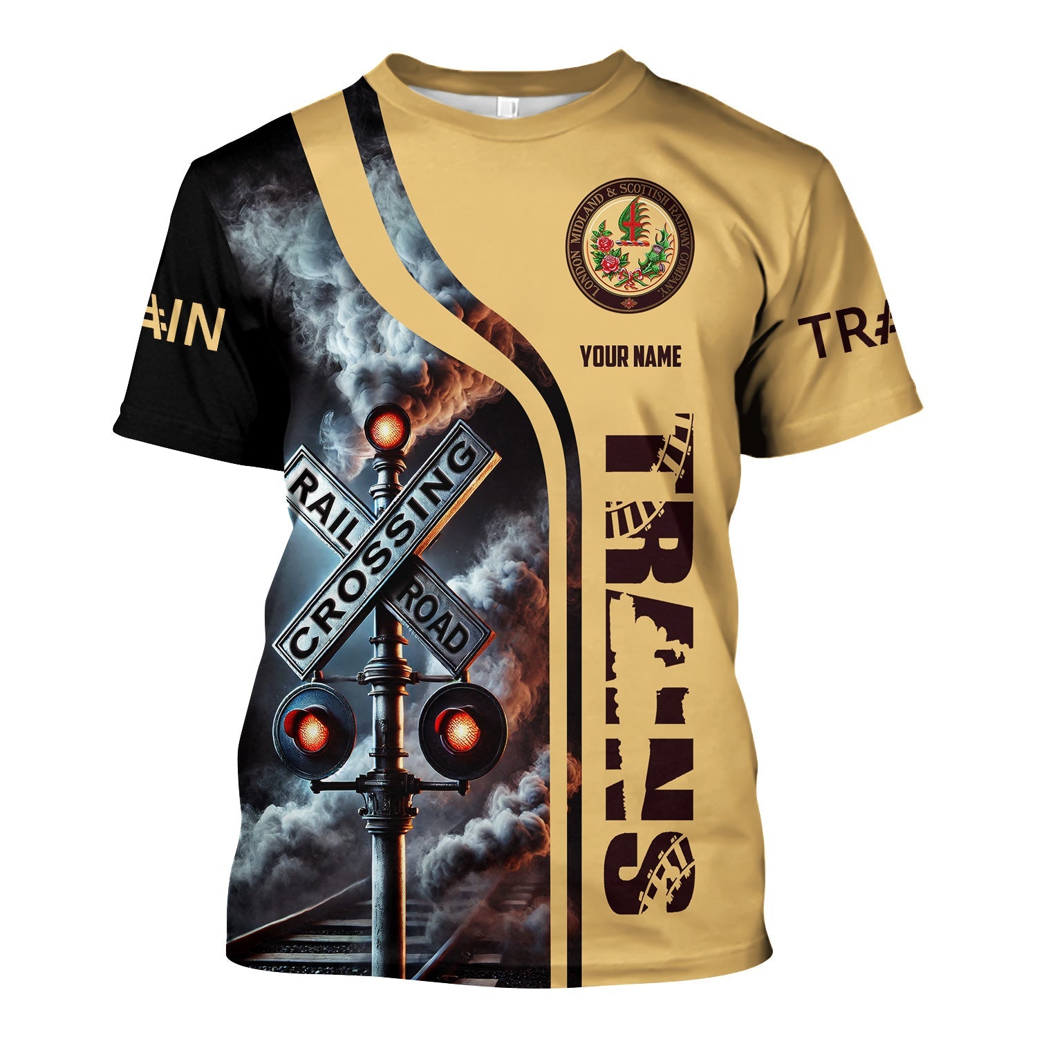 Railspirit Custom Name London, Midland and Scottish Railway T Shirt Railroad Crossing Sign Train Shirt All Over Print