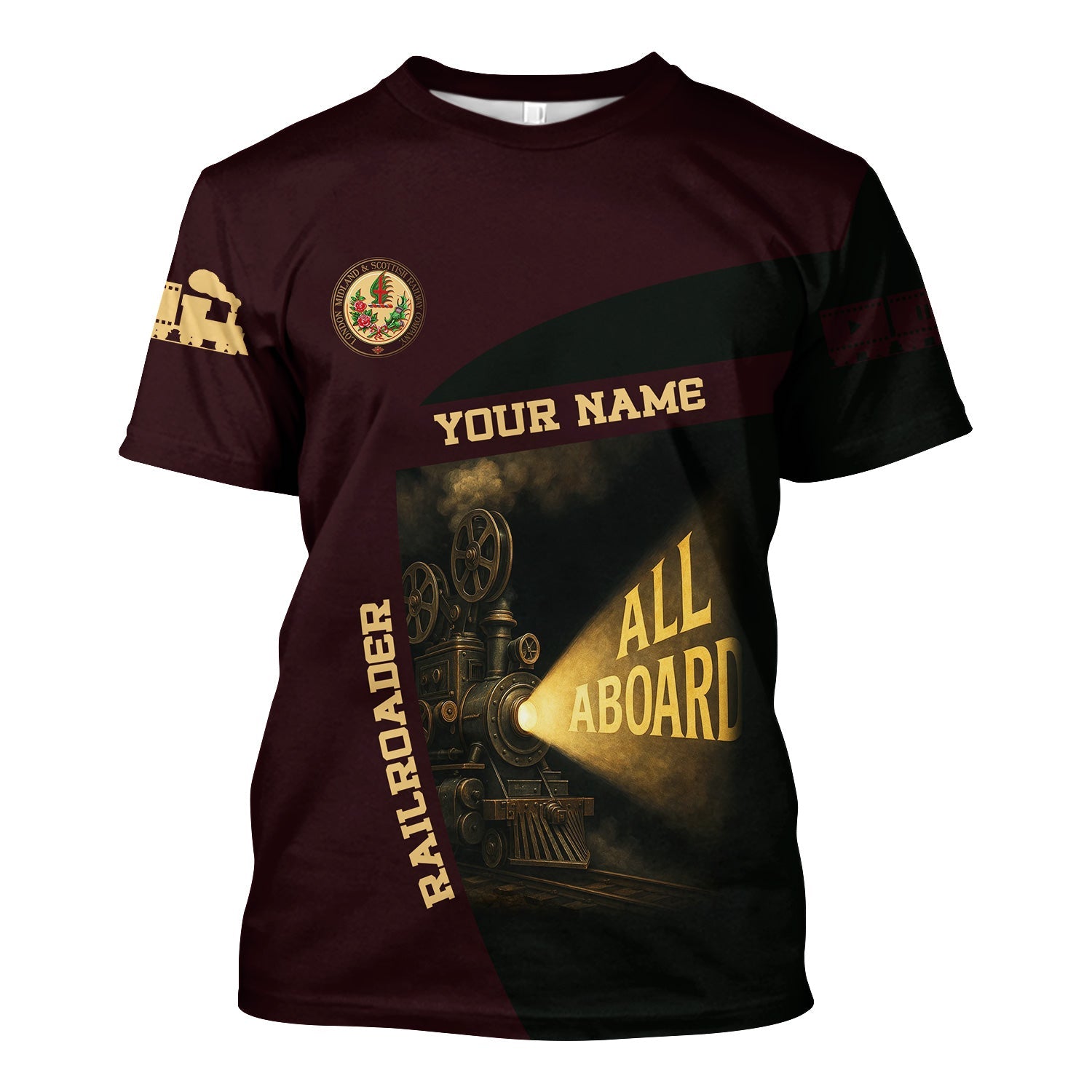 Railspirit Personalized London, Midland and Scottish Railway T-Shirt All Aboard Steam Train Movie Projector Style Shirt