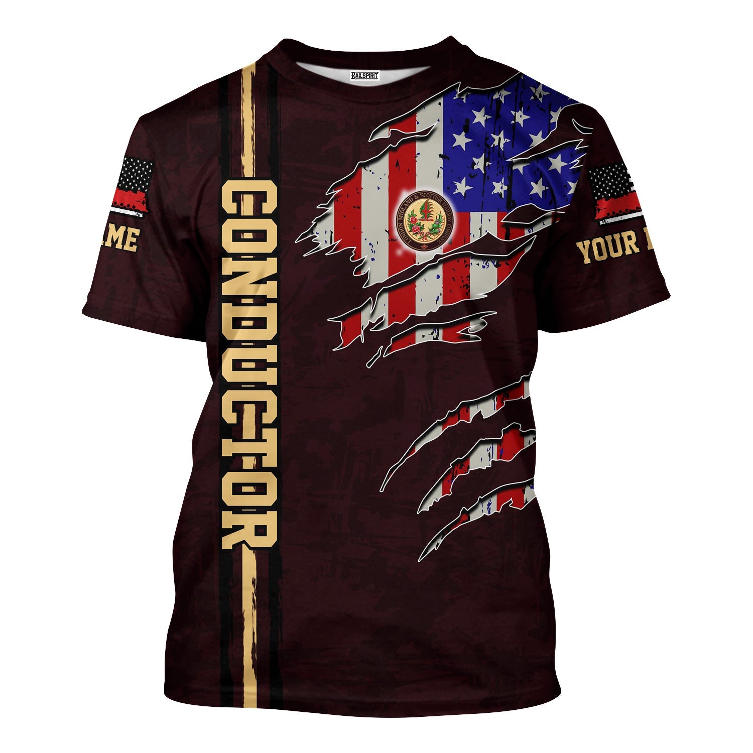 Railspirit Personalized London, Midland and Scottish Railway T-Shirt USA Flag Claw Art with Custom Job Train Shirt