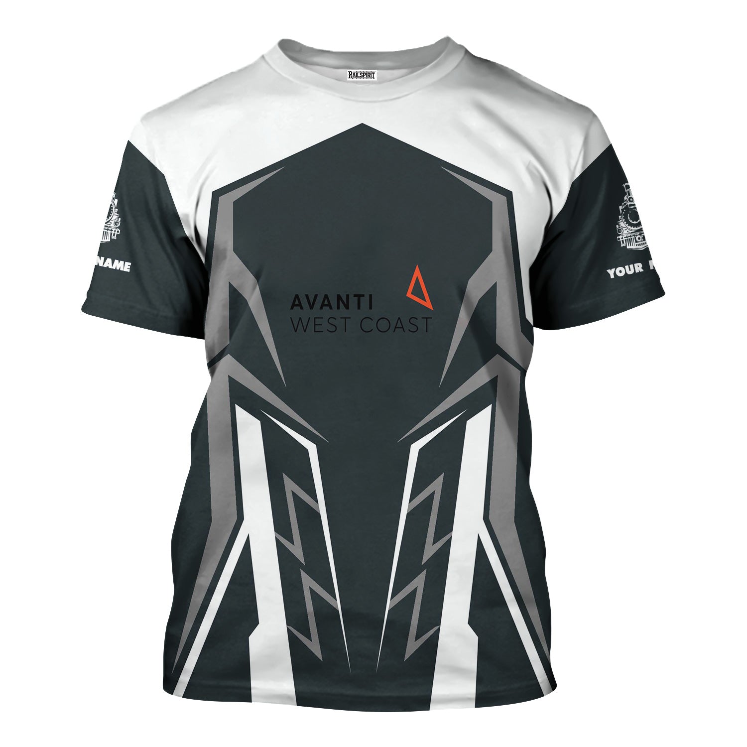 Railspirit Personalized Avanti West Coast T-Shirt Futuristic Design with Custom Job Train Shirt