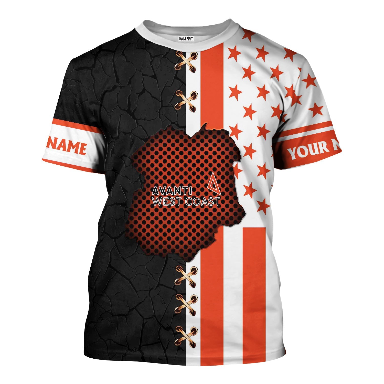 Railspirit Personalized Avanti West Coast T-Shirt American Flag with Crack Effect Train Shirt