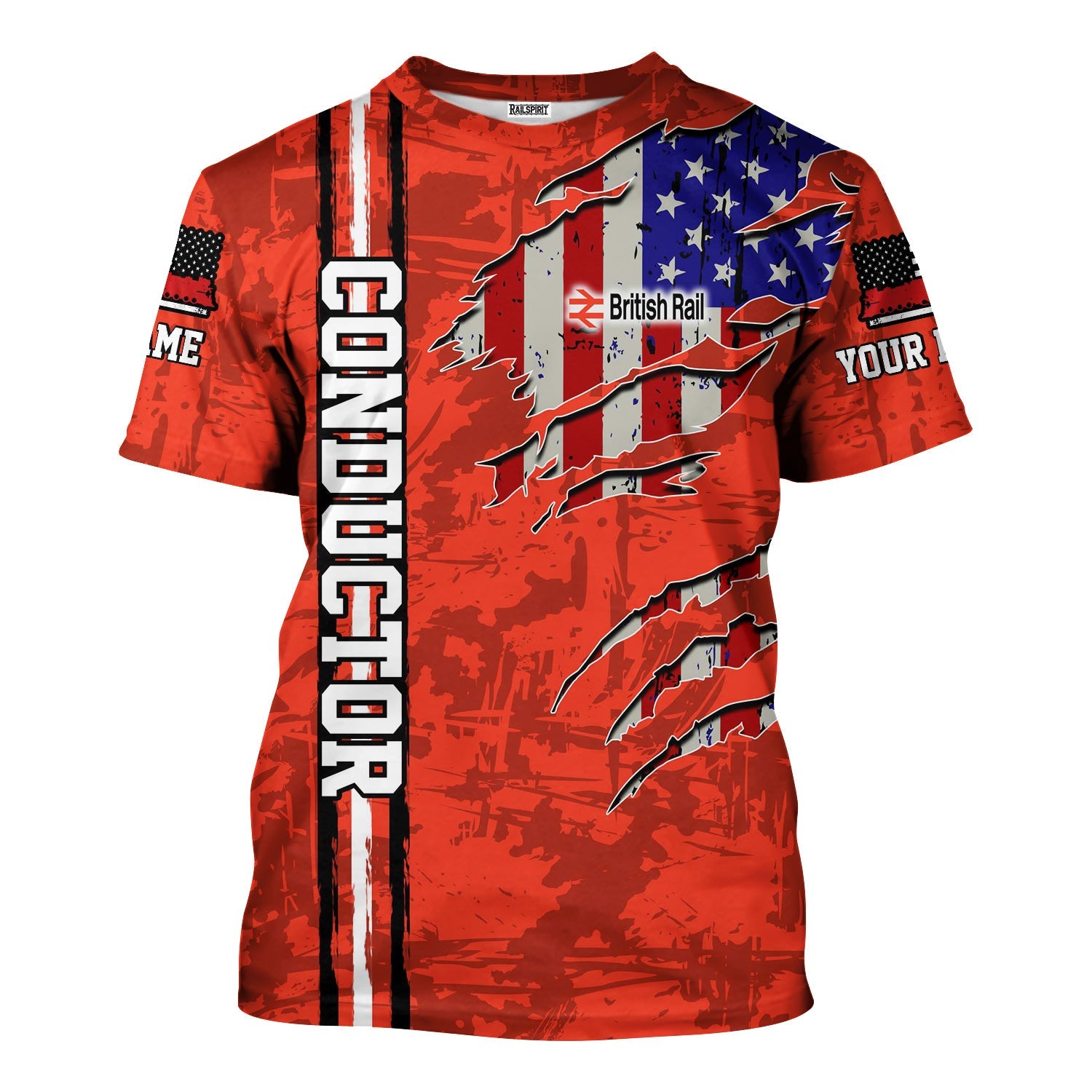 Railspirit Personalized British Railway T-Shirt USA Flag Claw Art with Custom Job Train Shirt