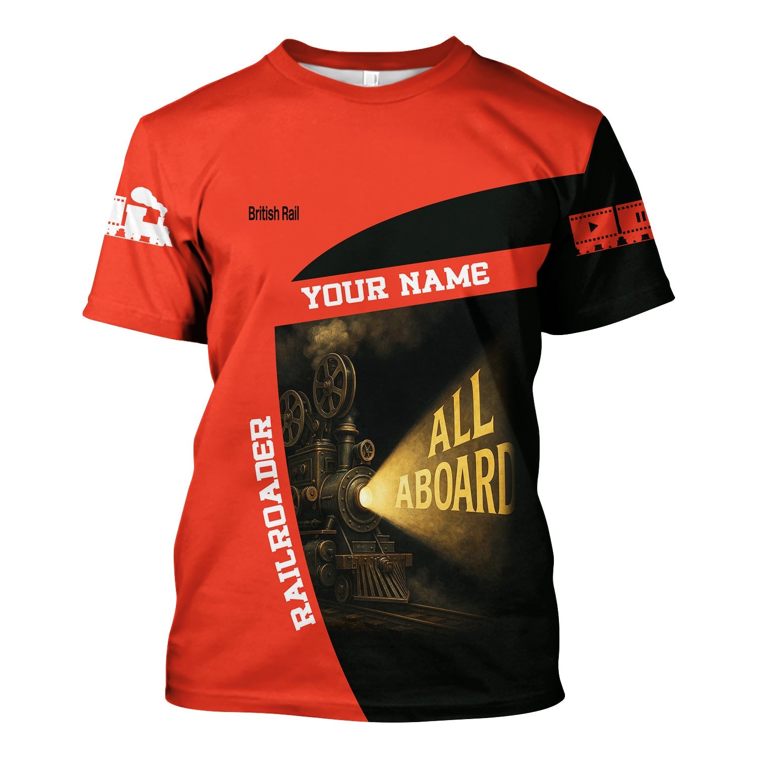 Railspirit Personalized British Railway T-Shirt All Aboard Steam Train Movie Projector Style Shirt